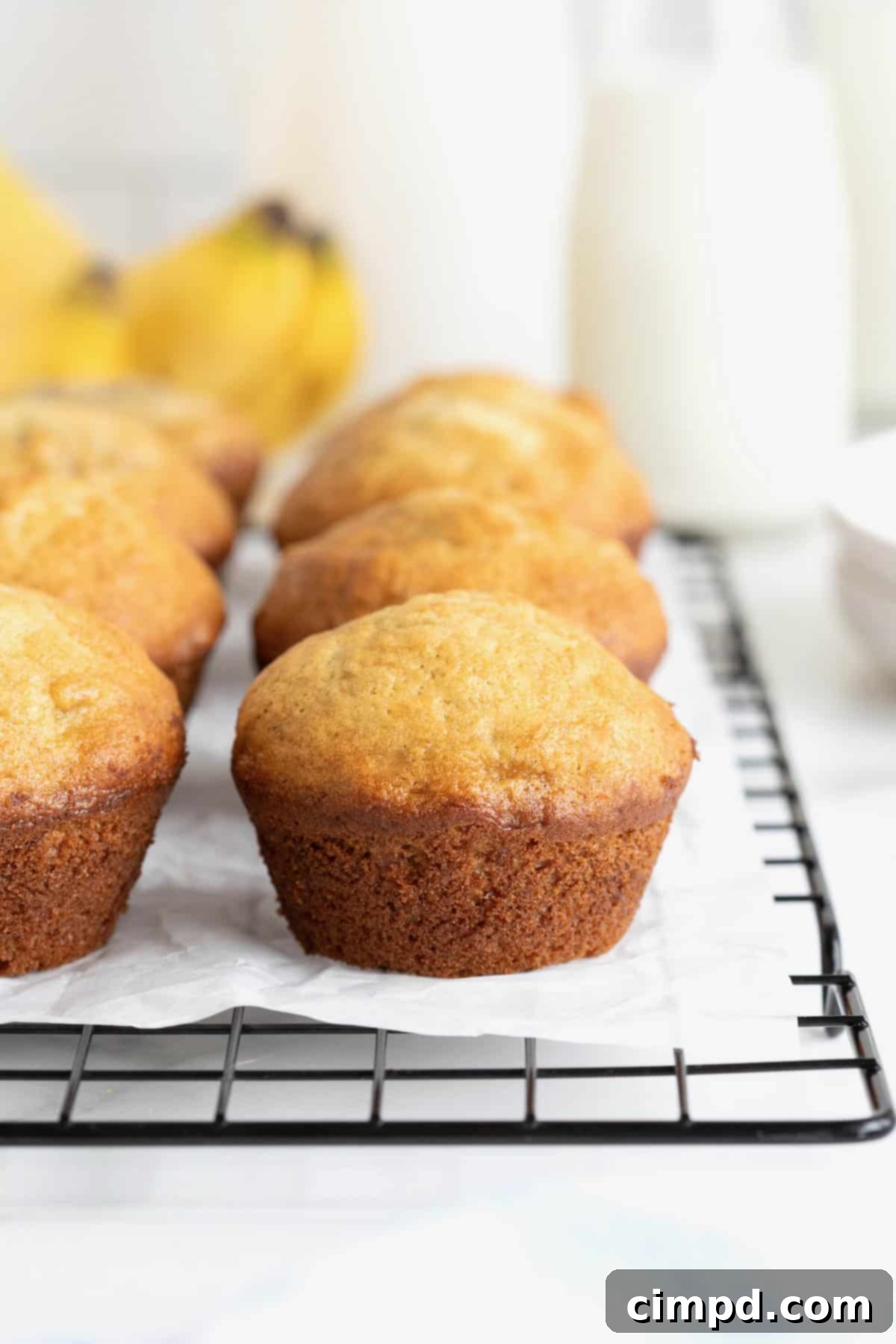 Six perfectly baked banana muffins arranged neatly on a parchment-lined metal cooling rack, showcasing their golden-brown tops.