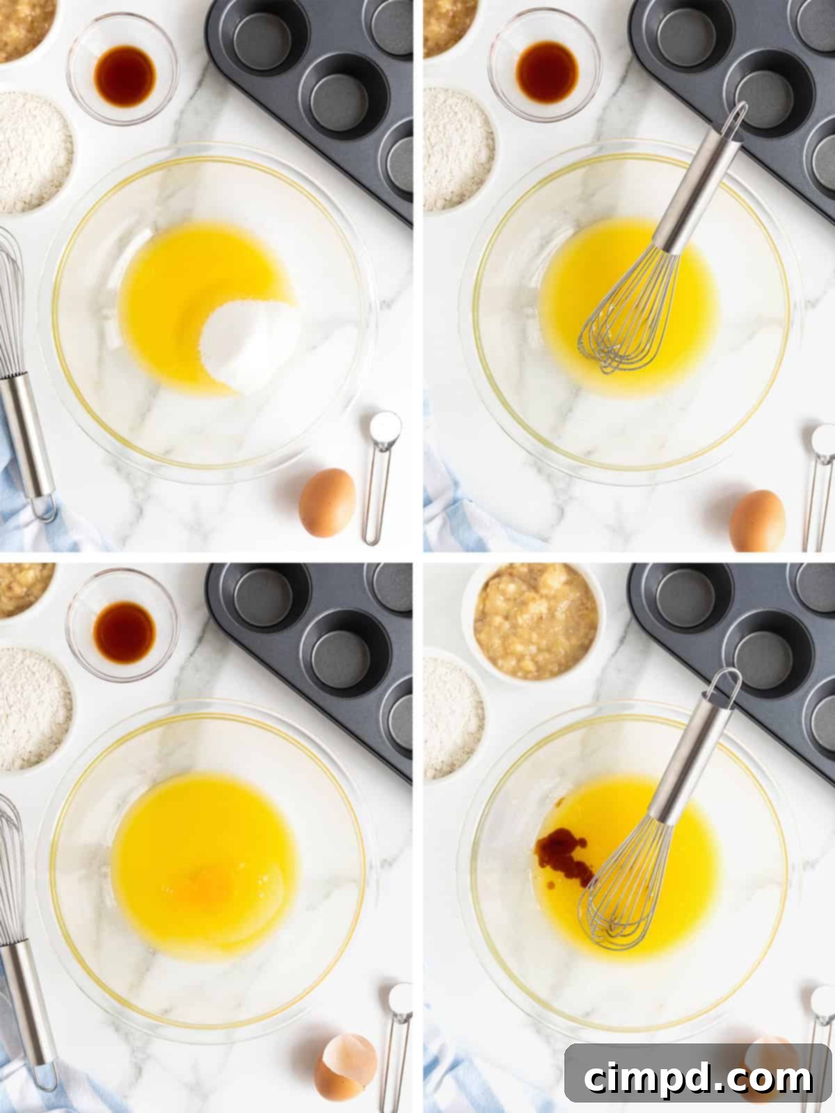 A visual guide showing initial steps to make Banana Muffins, including melting butter, adding sugar, egg, and vanilla, and then combining dry ingredients separately.