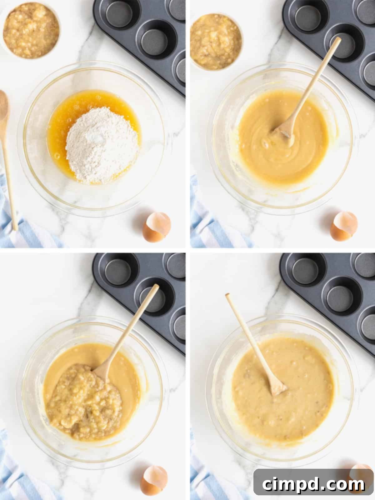 A visual step-by-step guide demonstrating how to mix banana muffin batter, including adding flour and mashed bananas to the wet ingredients.