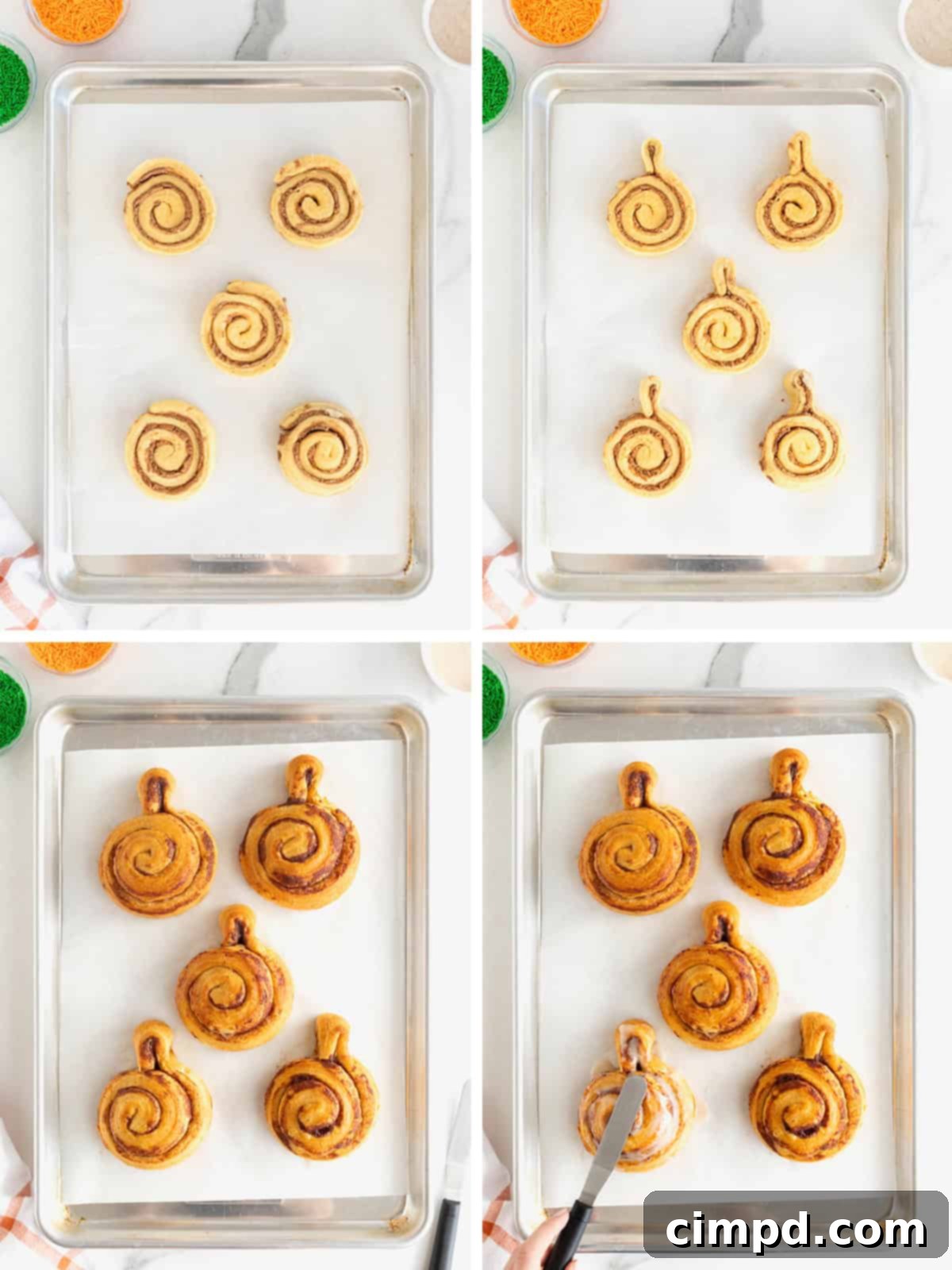 Steps to make Pumpkin Shaped cinnamon rolls out of canned cinnamon roll dough. 