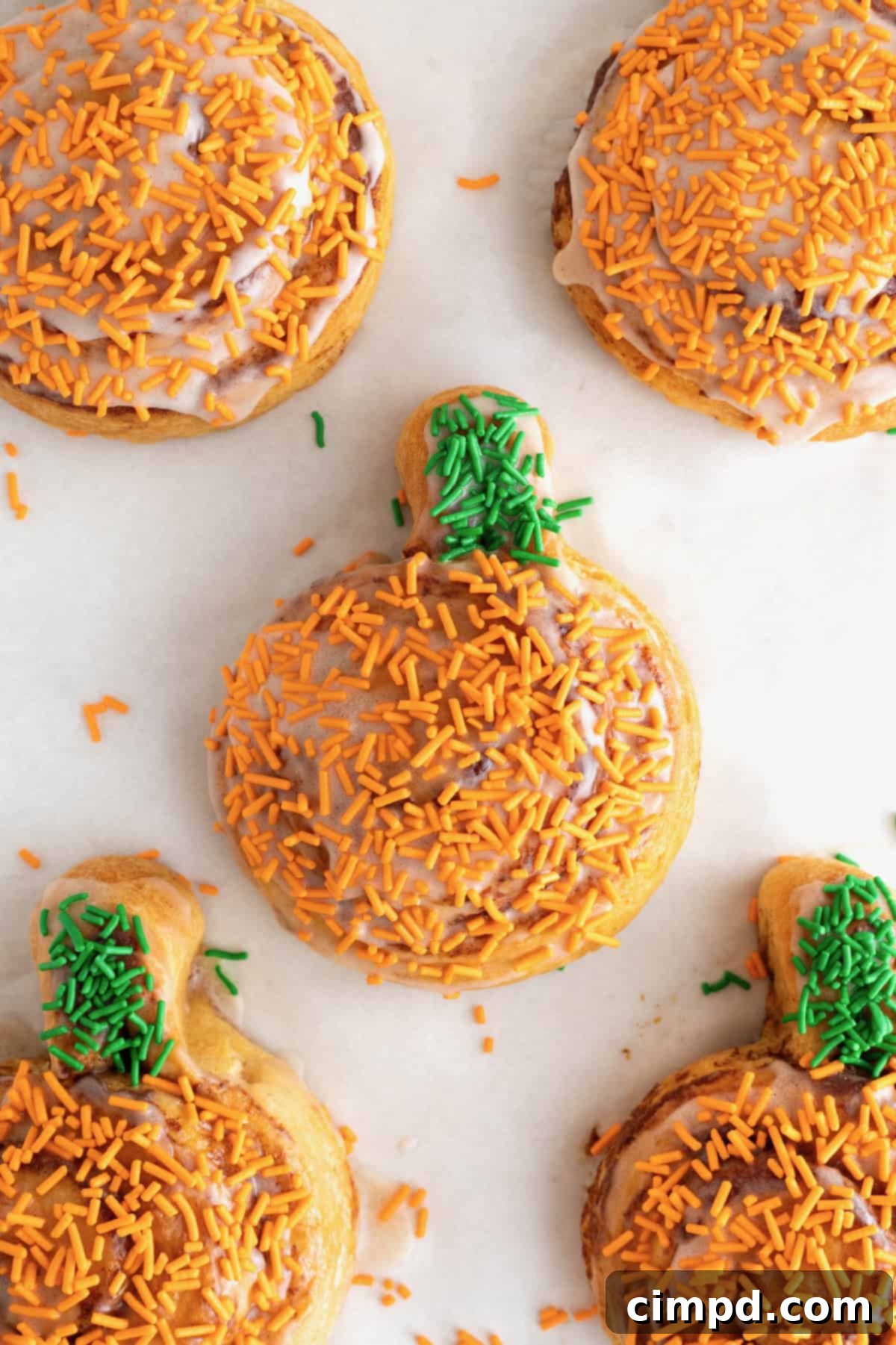 Five iced pumpkin shaped cinnamon rolls with orange and green sprinkles on a parchment lined aluminum baking sheet.