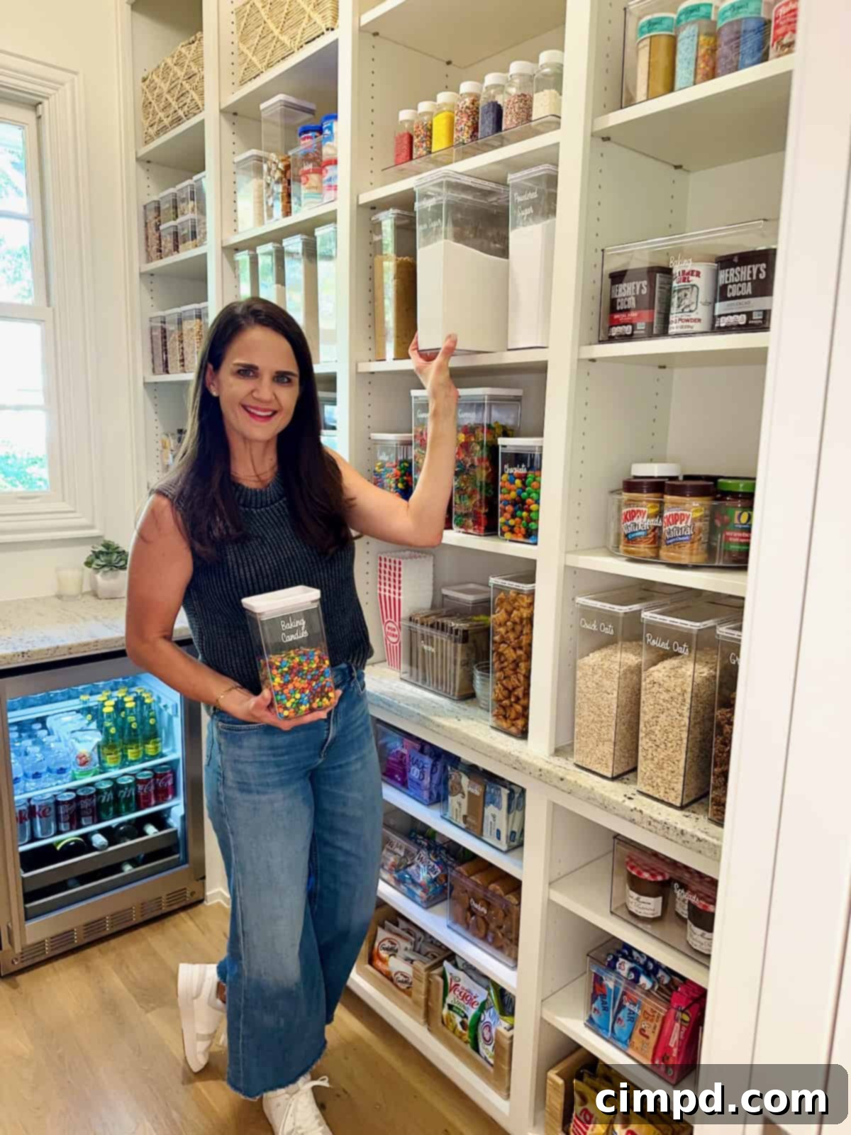 Maegan Brown standing in her well-organized baking pantry, smiling.