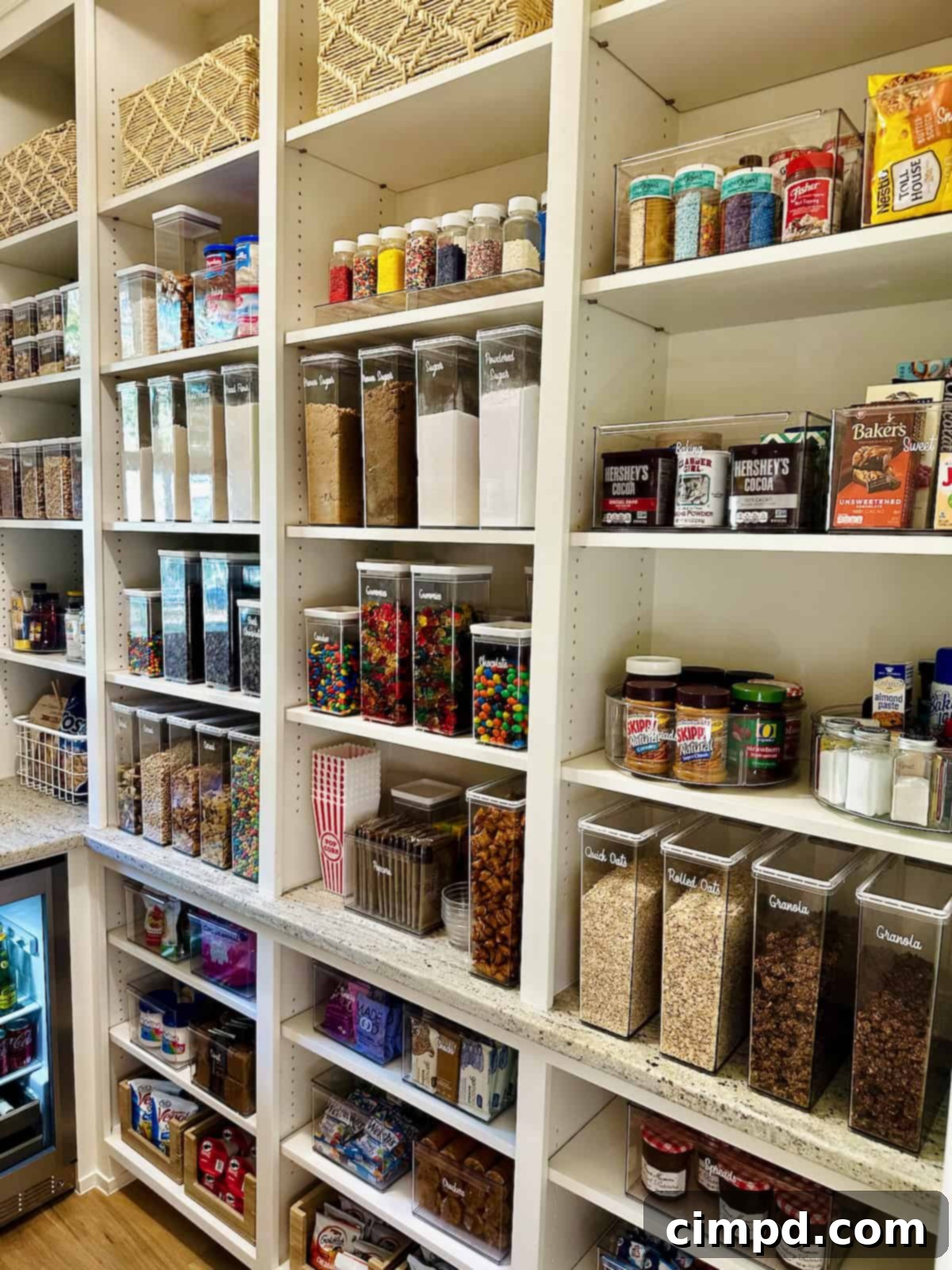 A clean, organized baking pantry with shelves filled with various flours, chocolates, and colorful sprinkles in clear containers.