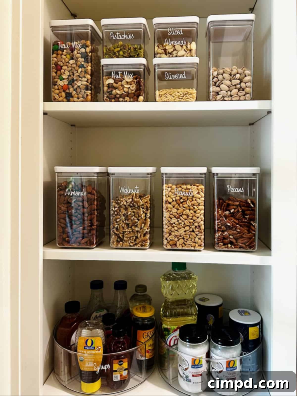 Small, clear containers filled with various seeds and nuts, neatly arranged on pantry shelves.