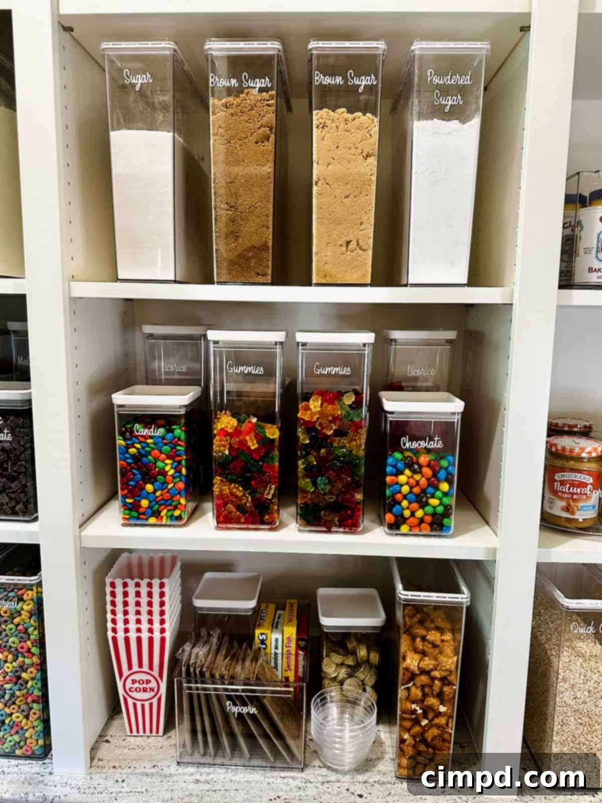Various types of sugars and sweeteners, including granulated, brown, and powdered sugar, stored in clear, labeled containers on pristine white pantry shelves.