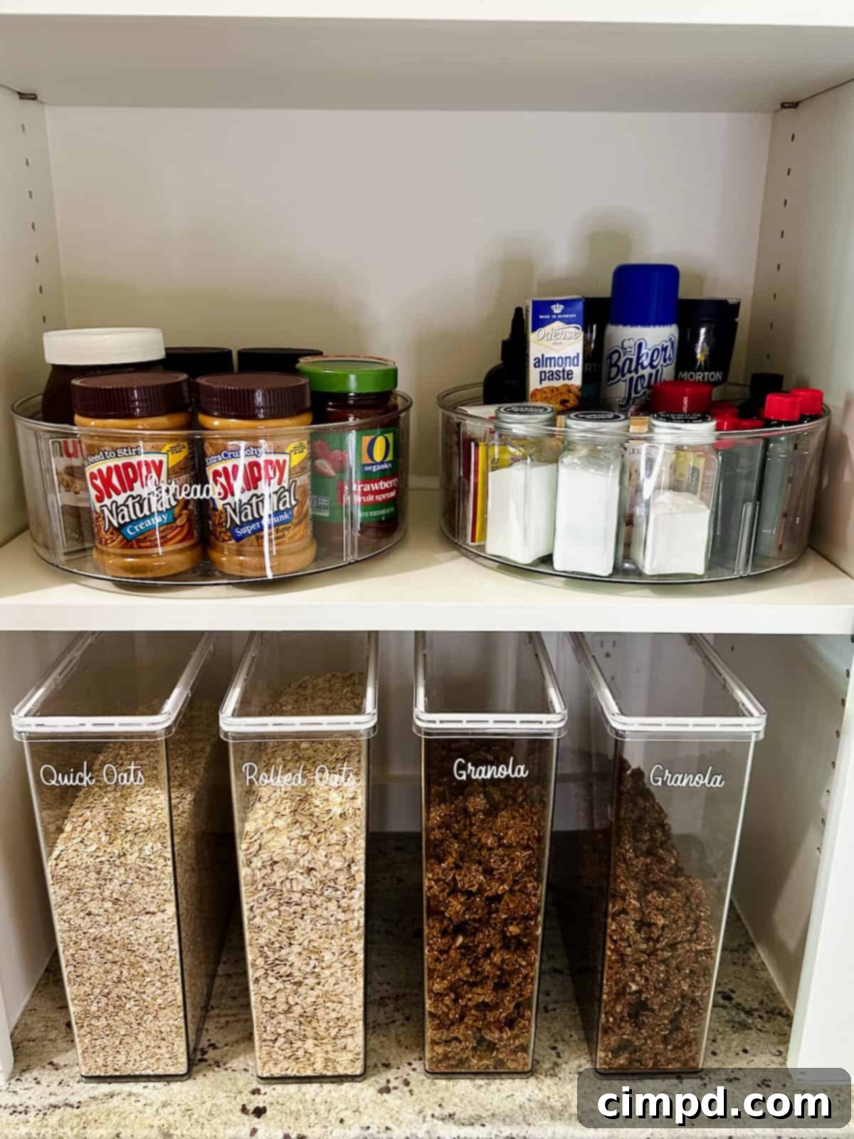 Peanut butter, chocolate hazelnut spread, and other spreads in clear containers, perfectly arranged in a pantry section.