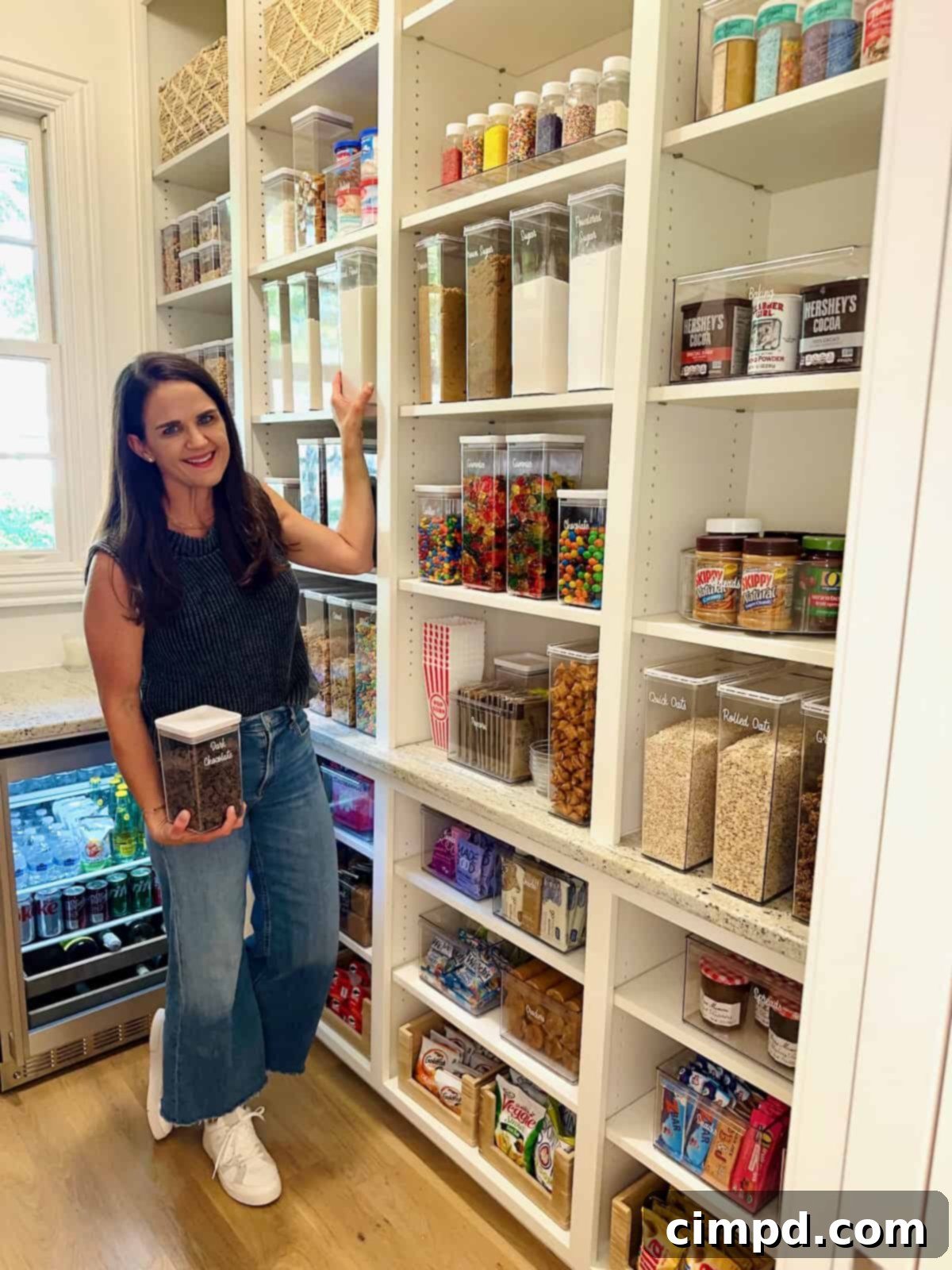 Maegan Brown stands proudly in her immaculate, fully stocked baking pantry, radiating culinary confidence.