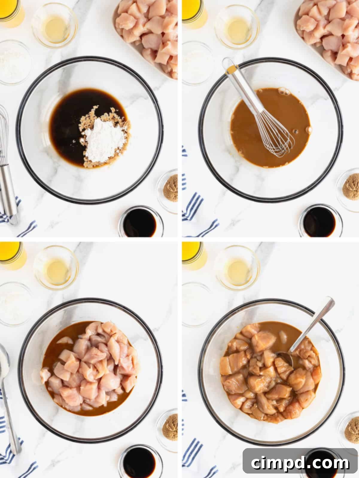 A visual step-by-step guide illustrating the initial stages of making easy baked orange chicken, from preparing the chicken to mixing the marinade.