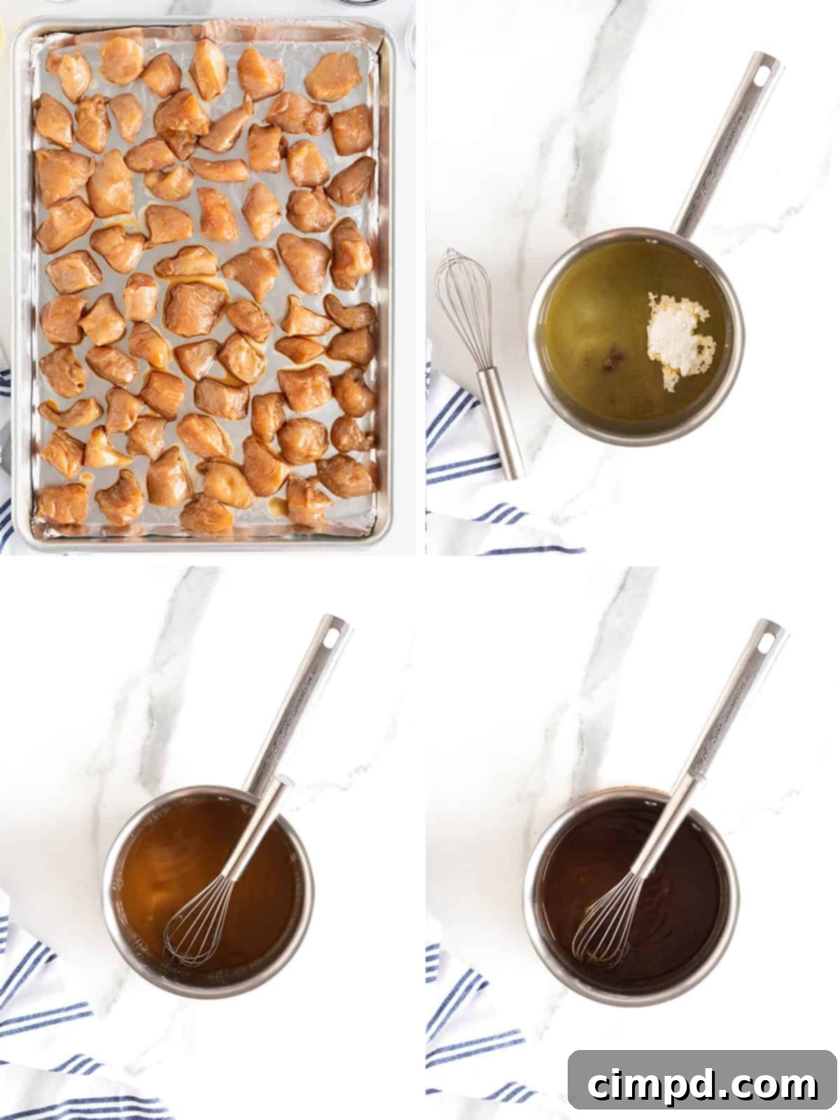 A visual representation of the next steps in preparing easy baked orange chicken, including the process of baking the chicken and preparing the orange sauce.