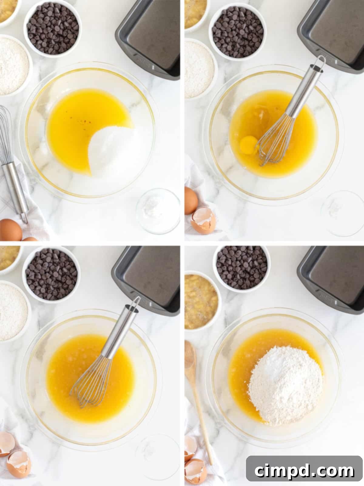 A series of images demonstrating the initial steps of making chocolate chip banana bread batter, showing ingredients being mixed in a bowl.