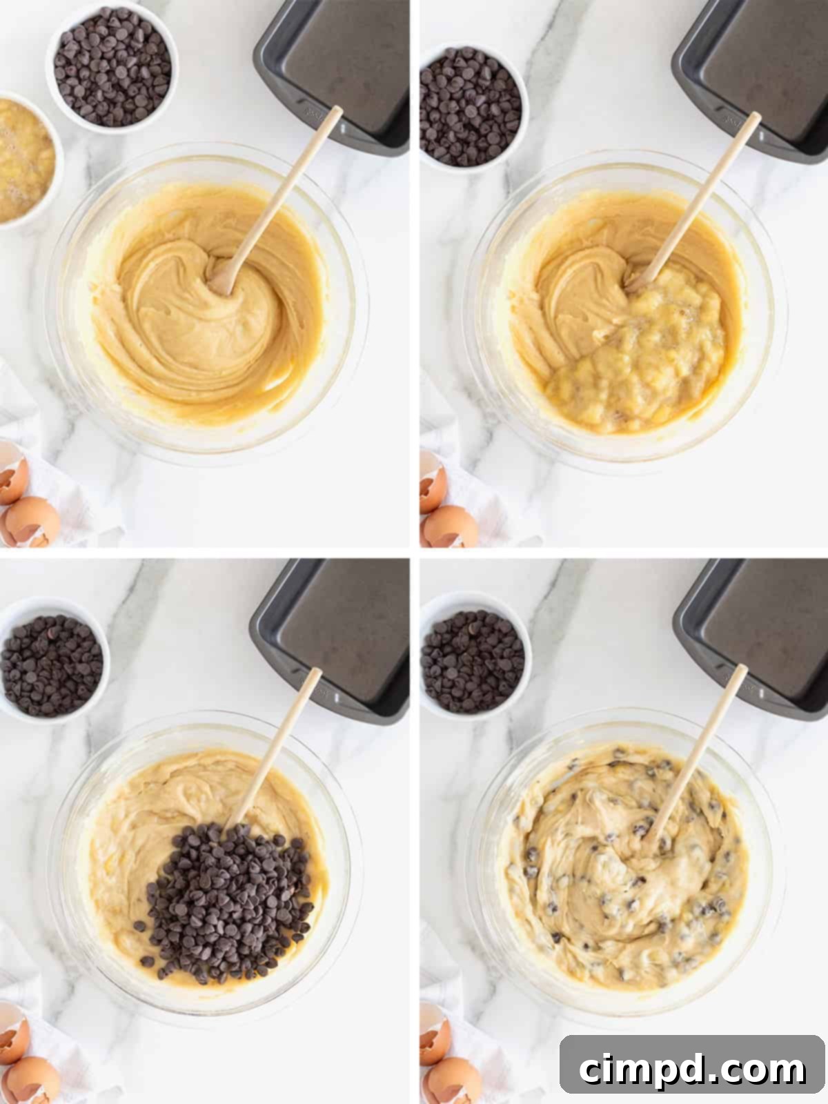 A two-part image illustrating the final steps of preparing chocolate chip banana bread batter, showing mashed bananas being folded in, followed by chocolate chips being stirred into the mixture.