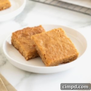 Two peanut butter blondies on a small white rimmed plate on a white marble counter, ready to be served.