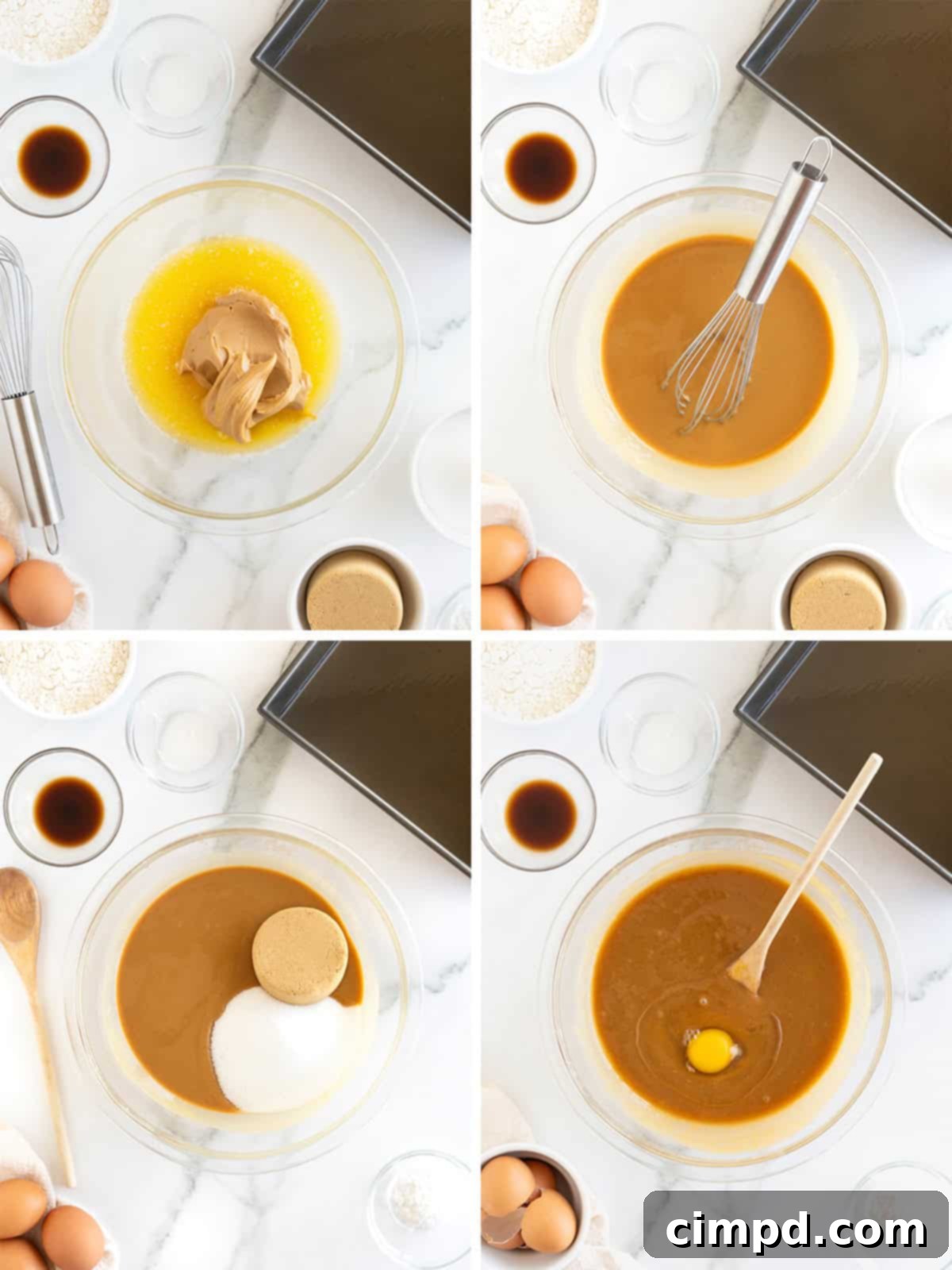 A visual guide showing the initial steps to combine wet ingredients for peanut butter blondies in a large mixing bowl.