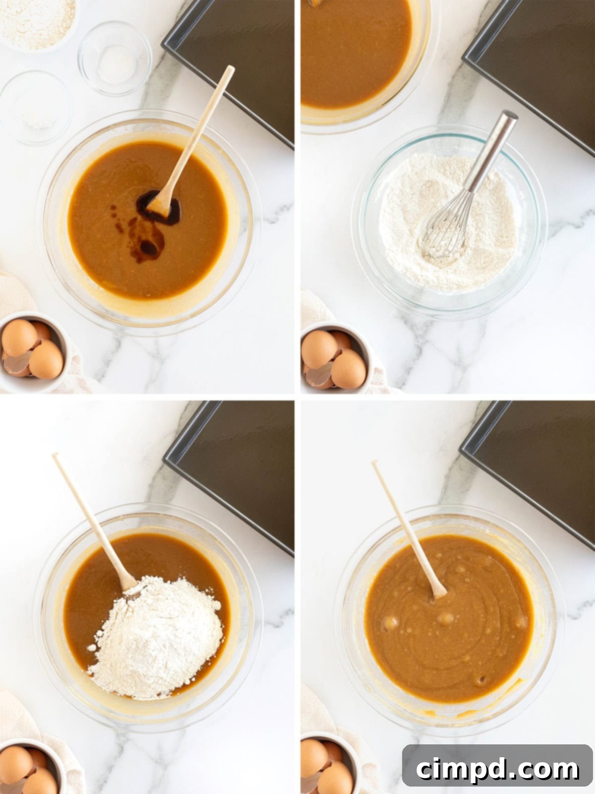 Sequential images illustrating the process of mixing wet and dry ingredients to create the peanut butter blondie batter.