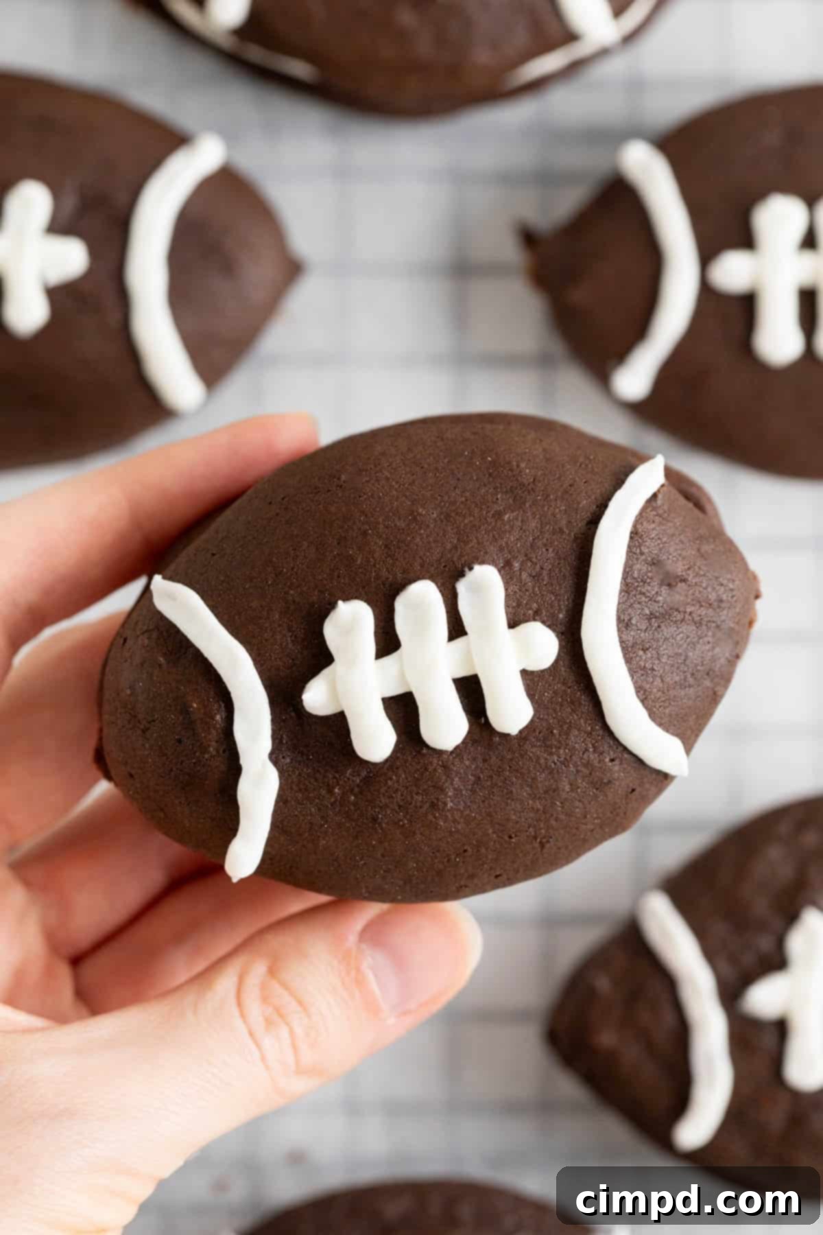 A hand holding a football shaped whoopie pie.