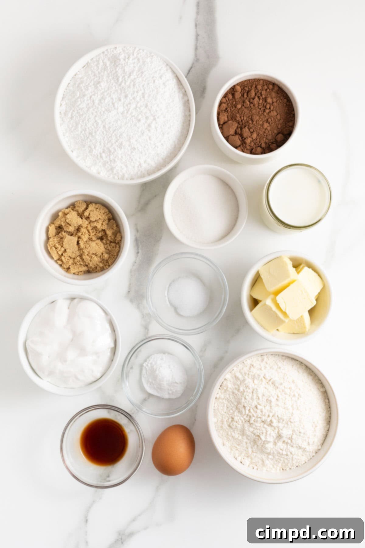 Ingredients to make chocolate football shaped whoopie pies in small white dishes on a white marble counter.