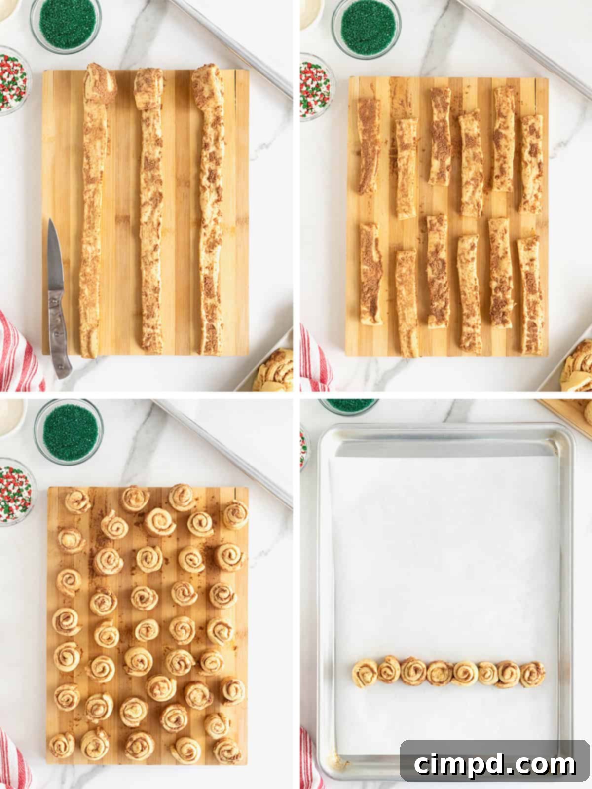 Steps to make a Christmas Tree pull-apart out of canned cinnamon rolls, showing unrolling, cutting, rerolling, and initial tree shape arrangement.