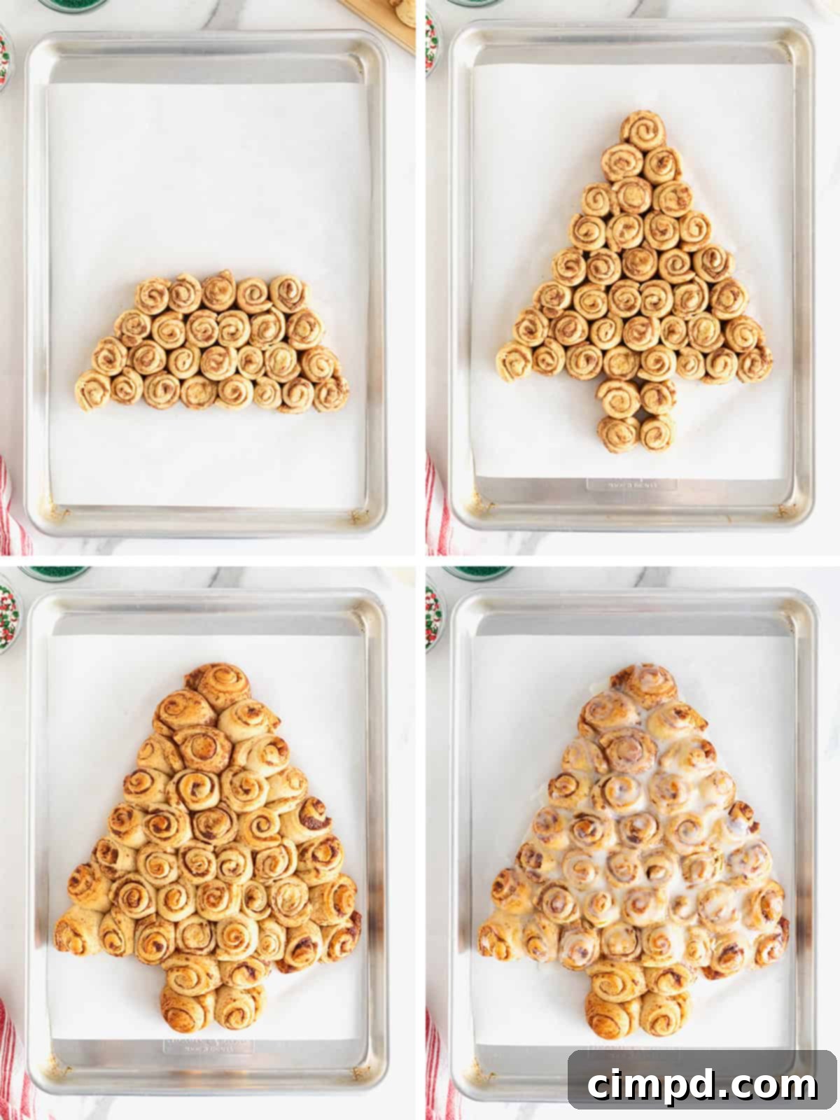 Steps to make a Christmas Tree shaped cinnamon roll pull-apart, showing arrangement of rolls, baking, and icing application.