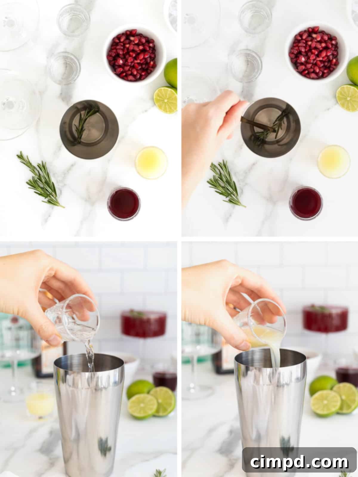 A visual guide depicting the first steps of making a Pomegranate Rosemary Holiday Cocktail: muddling rosemary and adding liquid ingredients to a cocktail shaker.