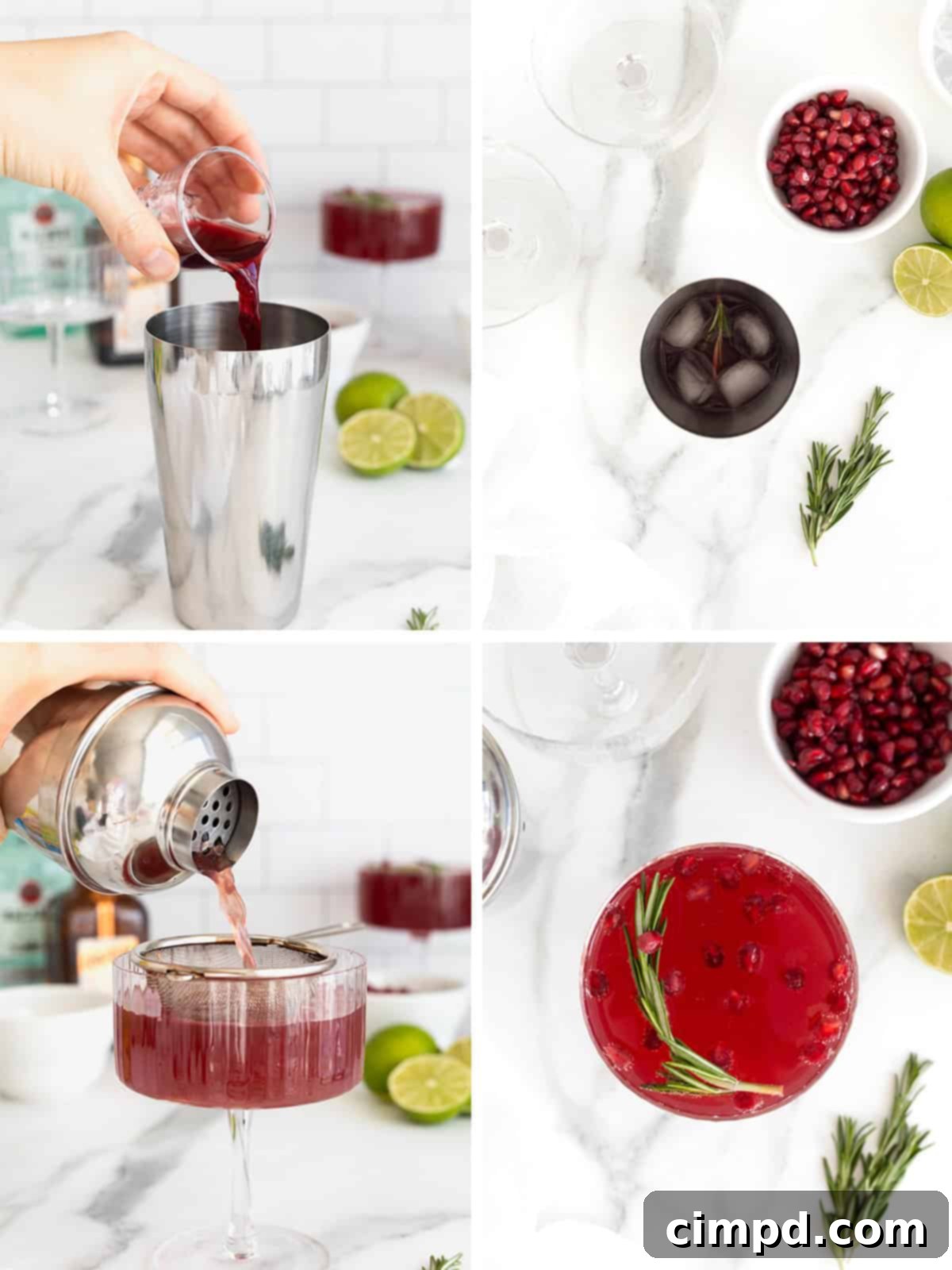 A visual guide illustrating the final steps of preparing a Pomegranate Rosemary Holiday Cocktail, including shaking, straining, and garnishing for presentation.