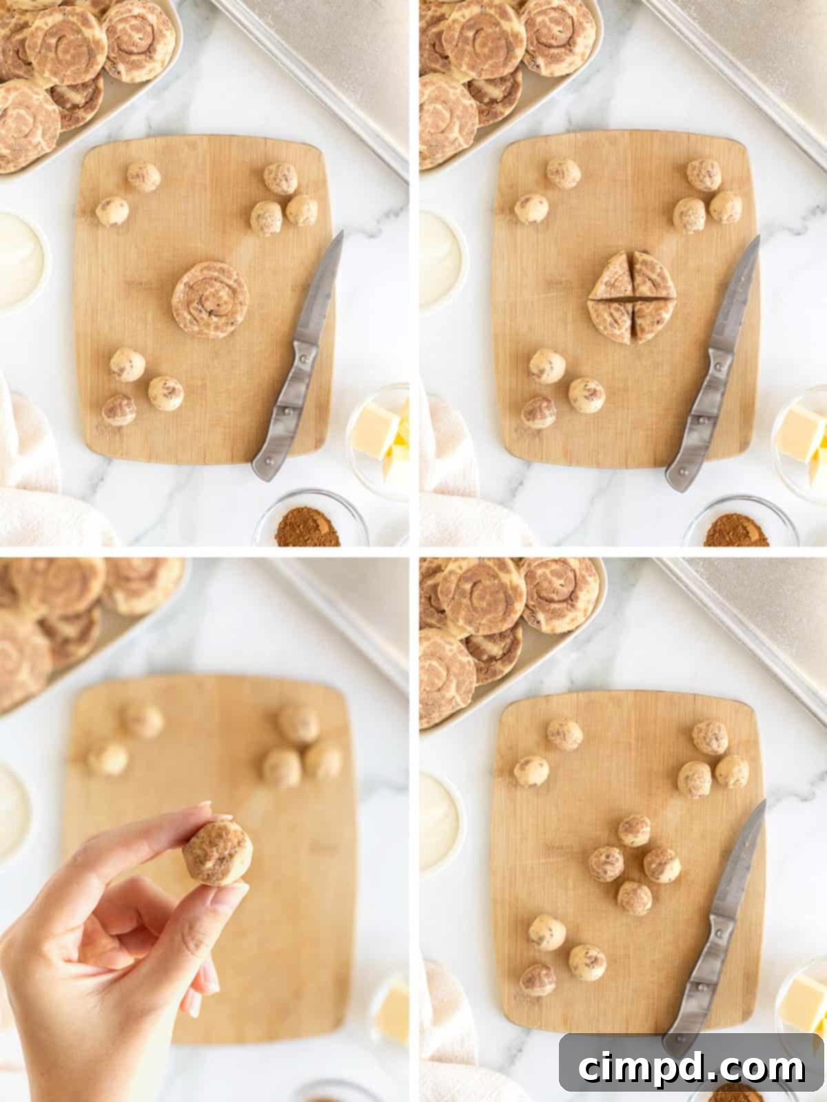 A visual guide showing the initial steps to make cinnamon roll bites, from opening the can to cutting the rolls and rolling them into small balls on a baking sheet.