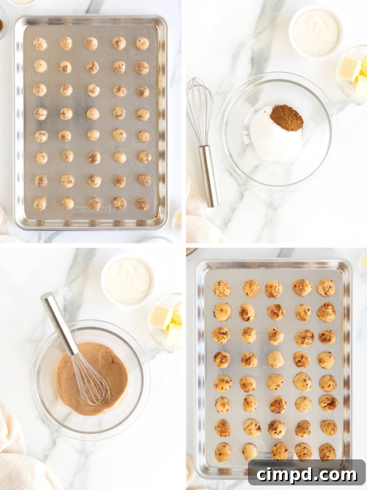 Another set of visual steps for making cinnamon roll bites, including baking the bites, preparing the cinnamon sugar mixture, and letting the baked bites cool on the baking sheet.