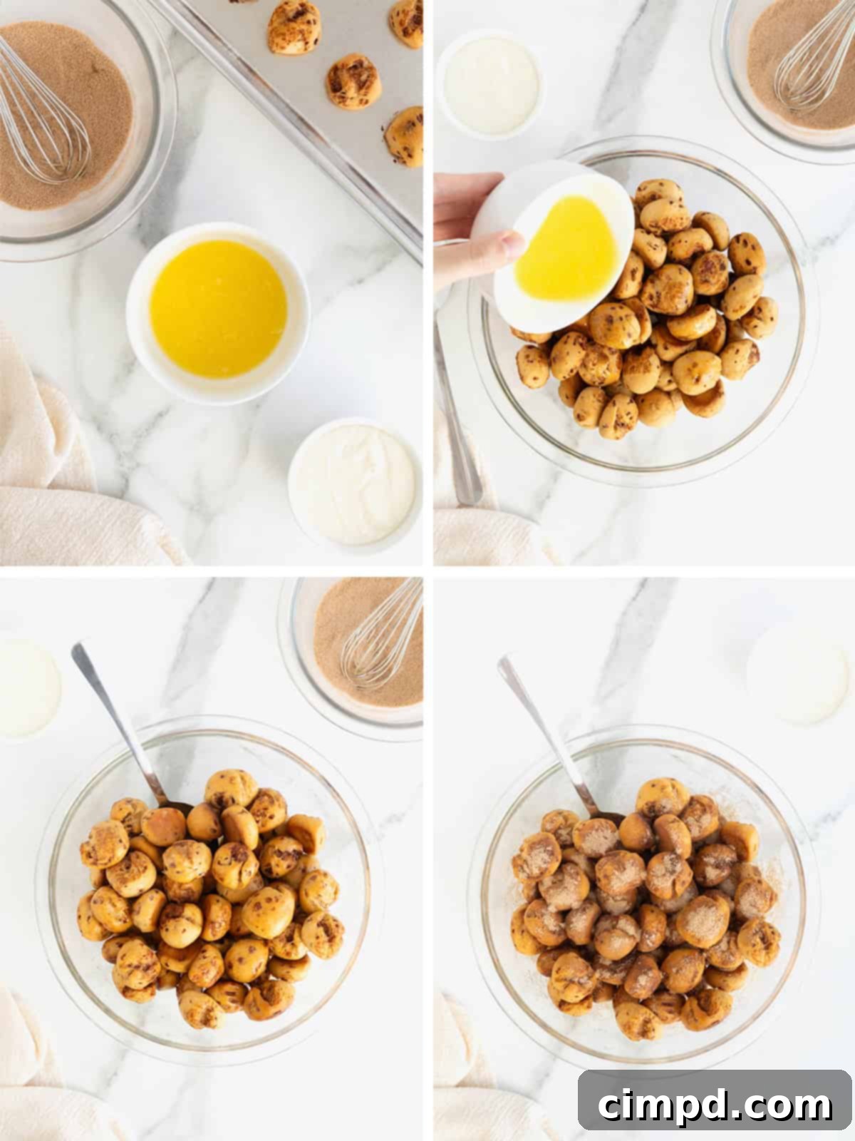 The final steps of making cinnamon roll bites, showing the process of tossing the warm bites first in melted butter and then in a bowl of cinnamon sugar until fully coated.