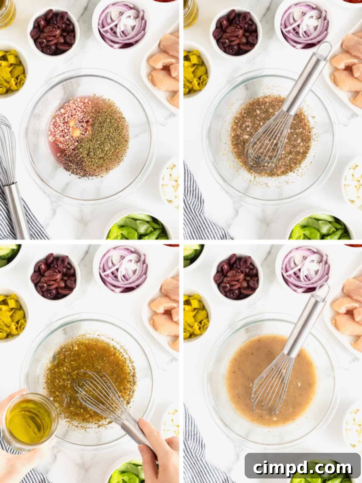 A series of three step-by-step images demonstrating how to prepare the marinade for Greek marinated chicken, showing ingredients being whisked together in a bowl.