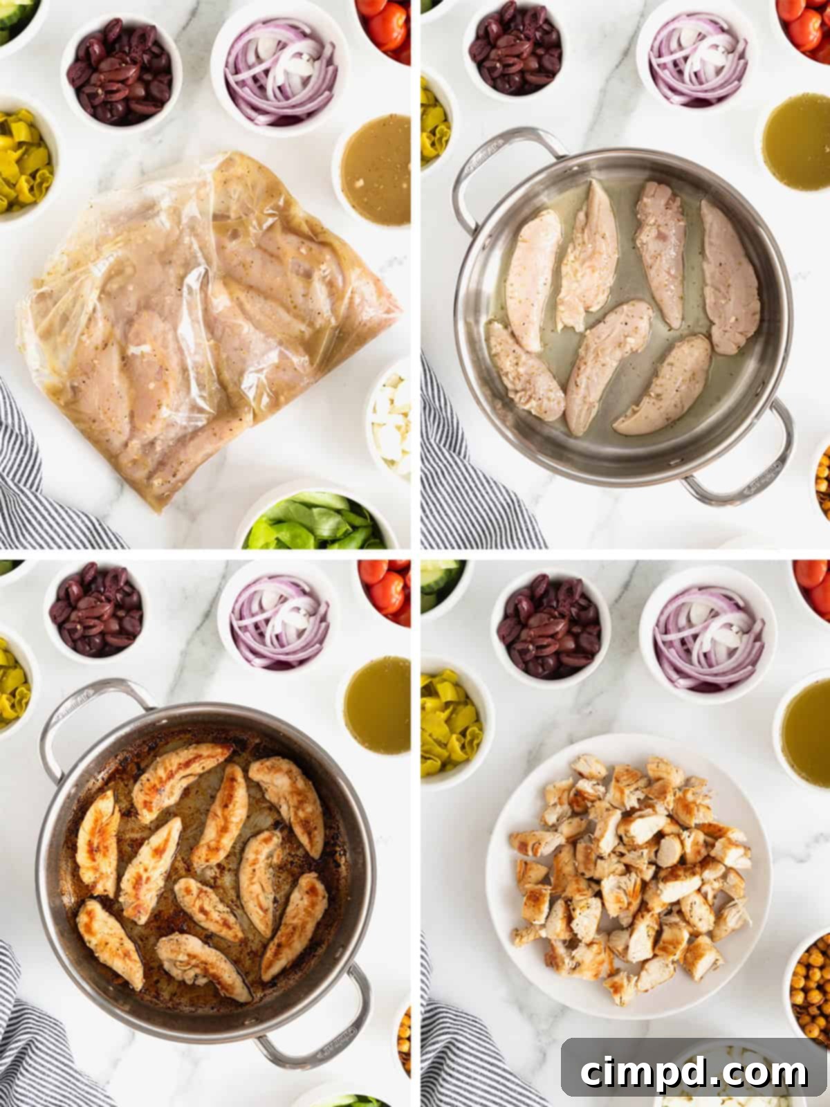 A visual guide showing steps for cooking marinated chicken tenders in a skillet, from searing to covering and resting.