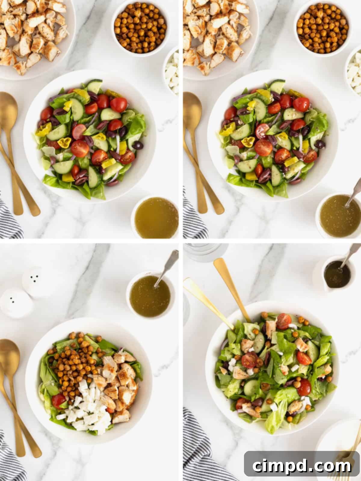 A three-step visual guide showing how to assemble a Greek salad with marinated chicken, from adding vegetables to drizzling dressing and topping with chicken and feta.