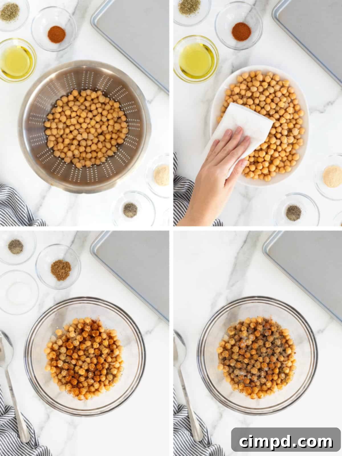 A visually guided step-by-step photographic collage illustrating the initial stages of preparing roasted chickpeas. The images depict the draining and rinsing of chickpeas, followed by the essential drying process, and finally, the chickpeas being tossed with olive oil and a blend of aromatic spices in a mixing bowl.