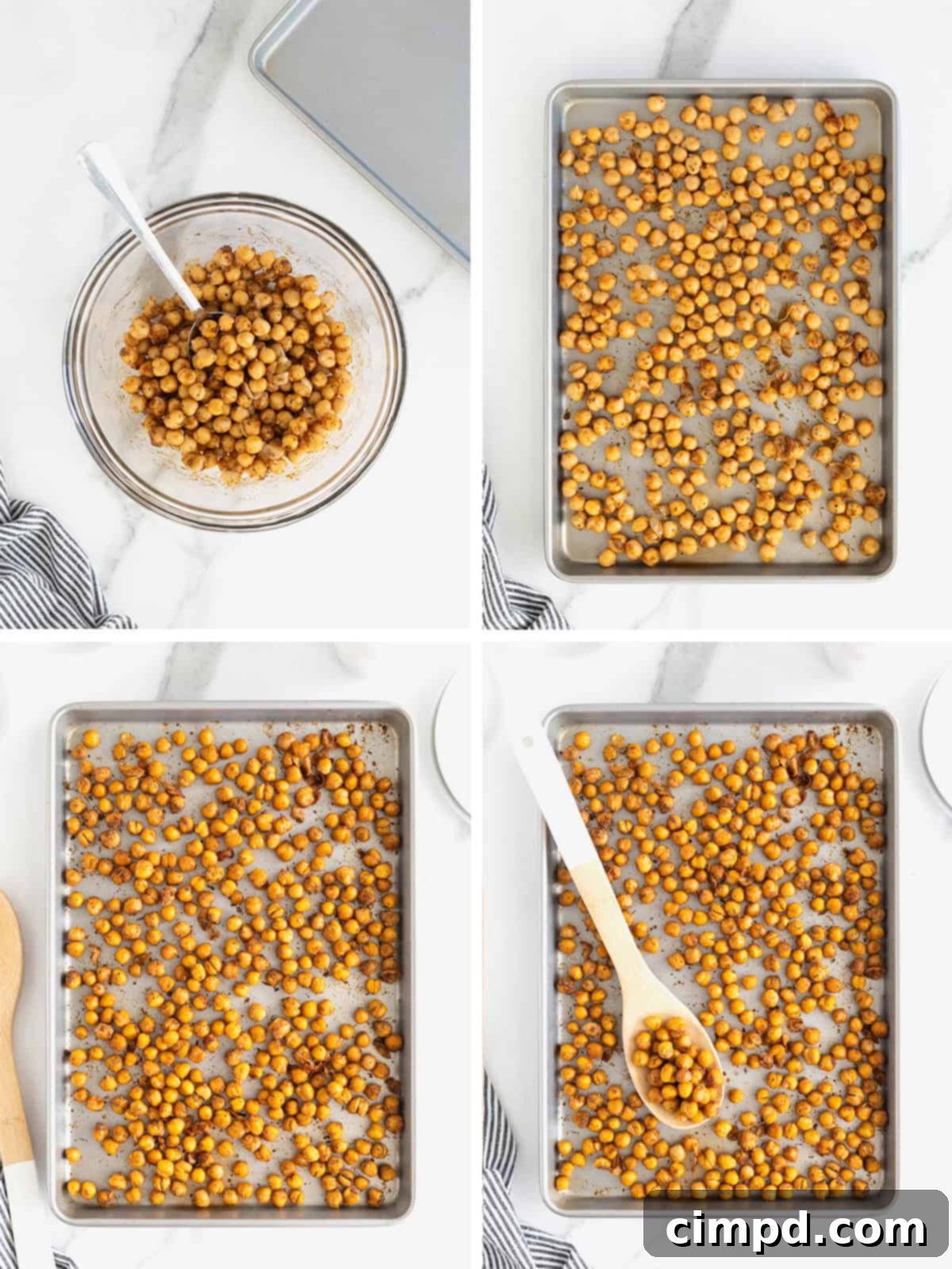 A two-part photographic sequence demonstrating the final steps in roasting chickpeas. The first image shows seasoned chickpeas spread in a single, even layer on a baking sheet, ready for the oven. The second image captures the finished product: golden-brown, crispy roasted chickpeas cooling on the same sheet pan, signaling their readiness to be enjoyed.