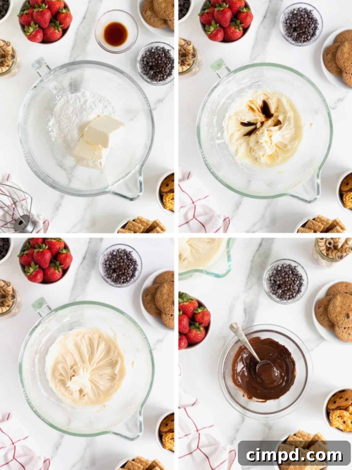 Decadent Chocolate Cheesecake Dip 6 A visual guide showing the initial steps to make chocolate cheesecake dip, including beating cream cheese and melting chocolate chips.