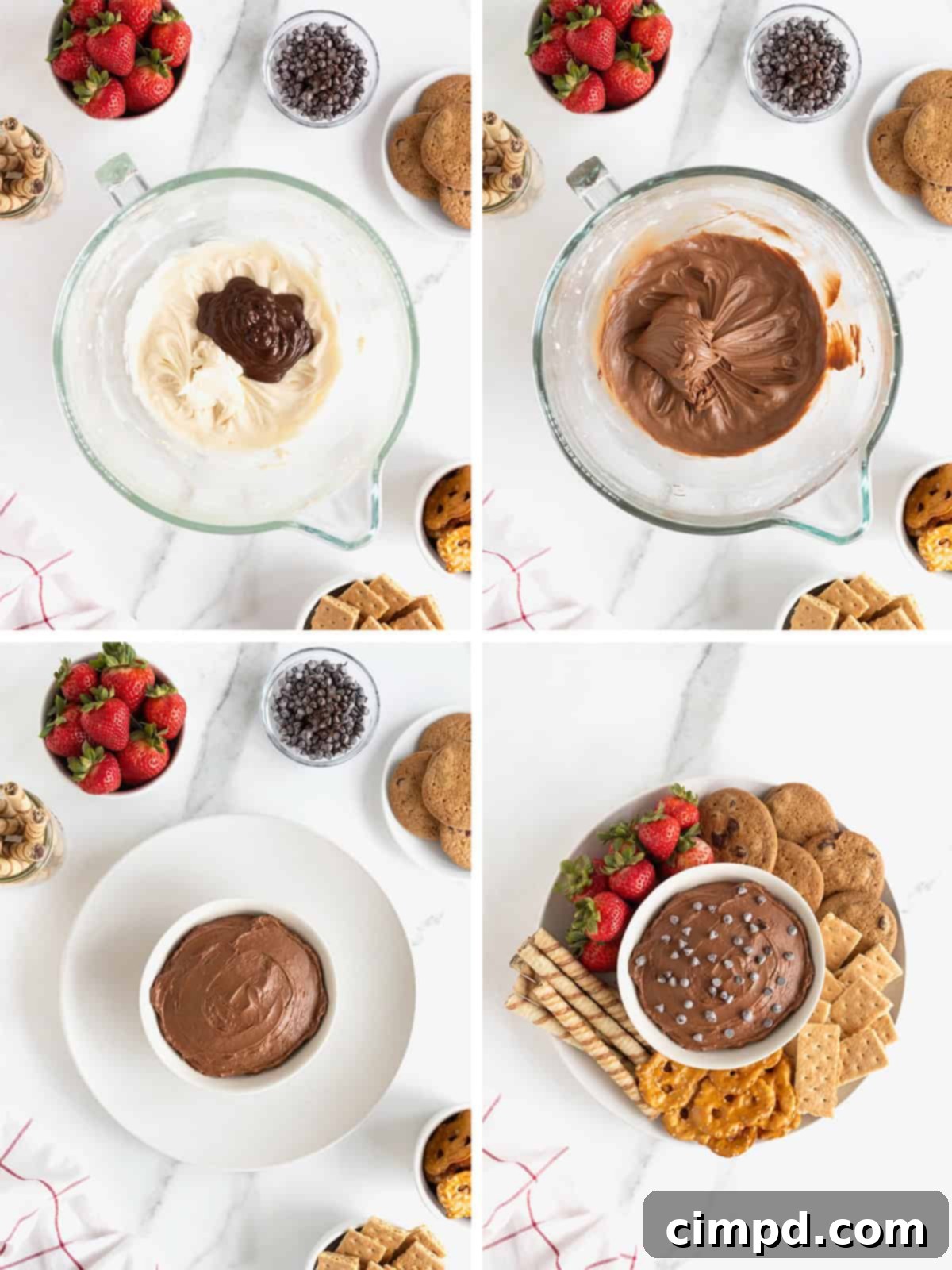 Decadent Chocolate Cheesecake Dip 7 A visual guide detailing the final steps to prepare and serve chocolate cheesecake dip, including combining ingredients, chilling, and arranging dippers.
