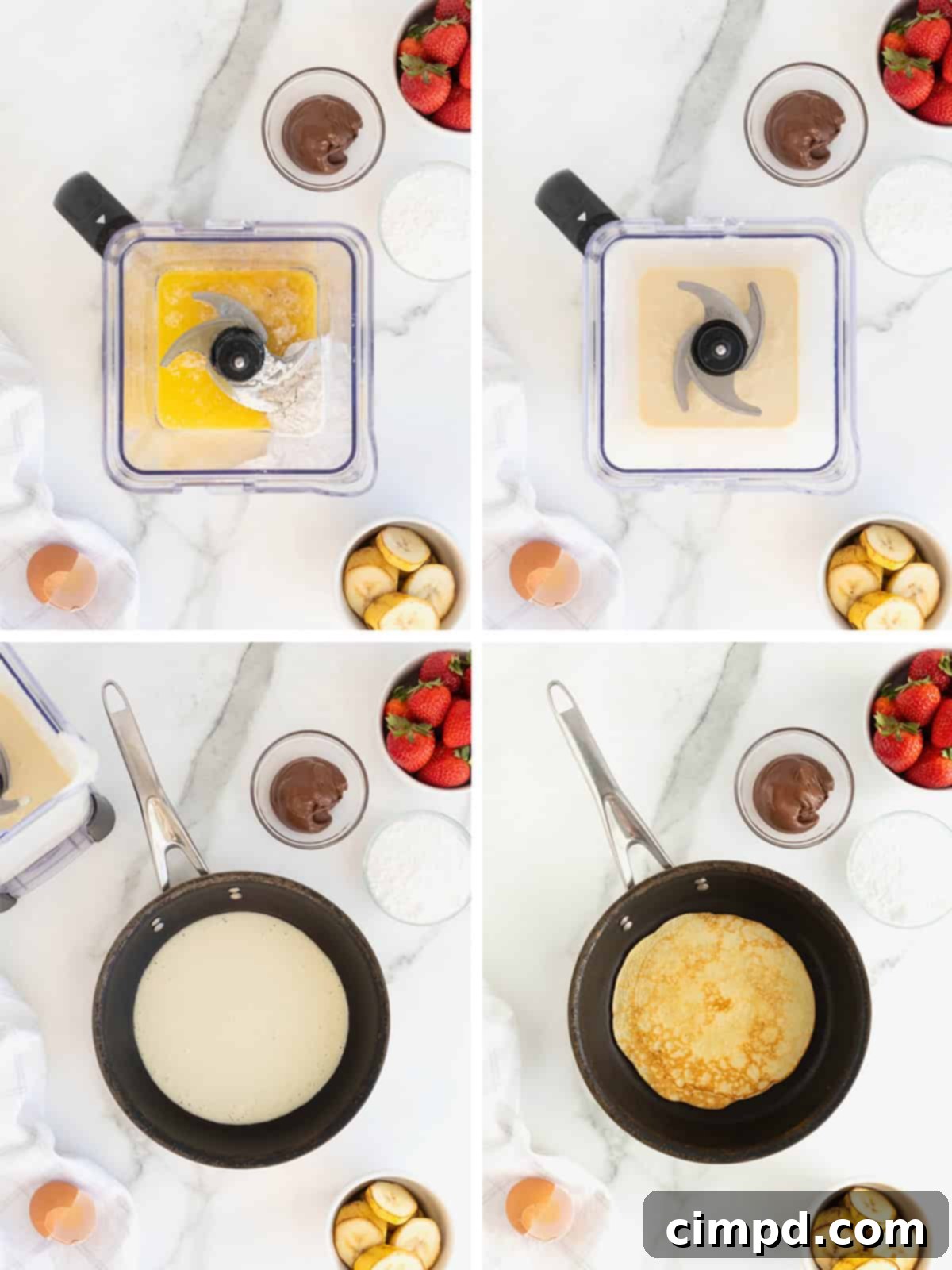 A visual step-by-step guide illustrating the process of making sweet crepe batter, showing ingredients being added to a blender and then blended until smooth and ready for cooking.