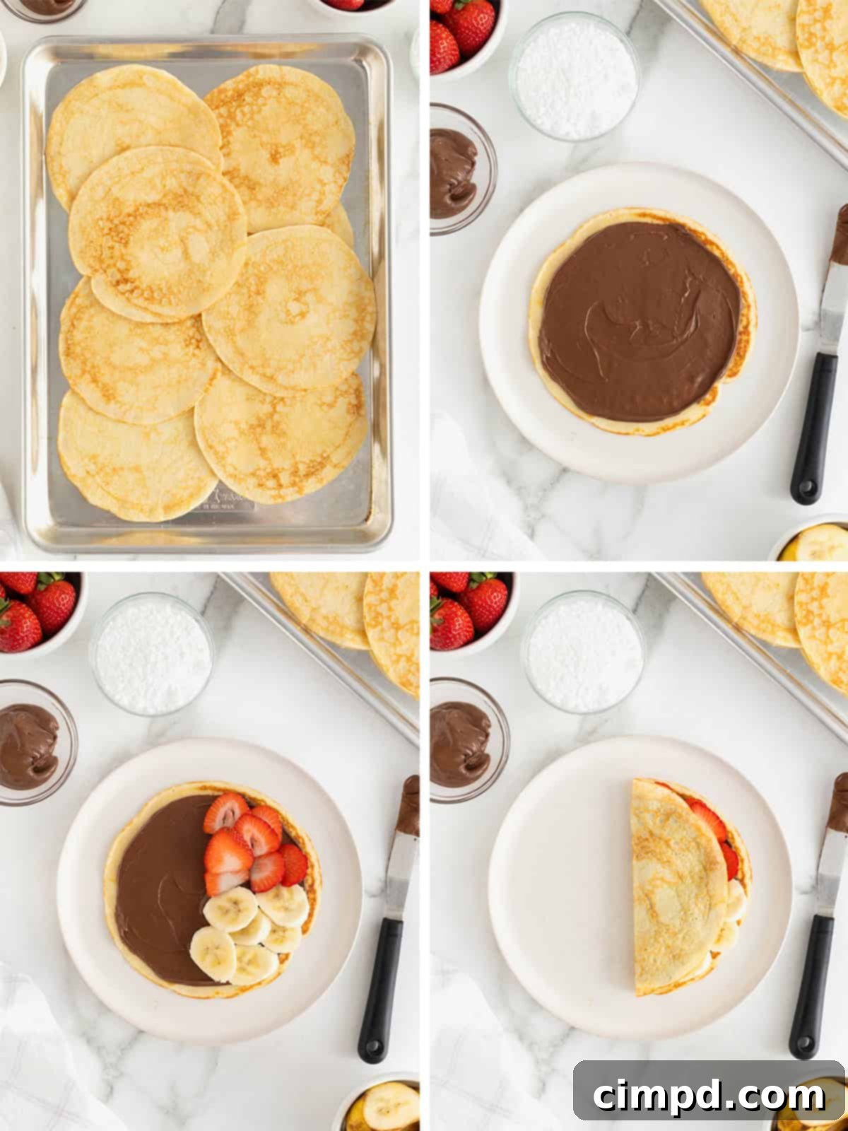 A step-by-step guide showing how to fill and fold a sweet crepe, illustrating the spreading of Nutella, placement of strawberry and banana slices, and the initial fold to create a half-moon shape.