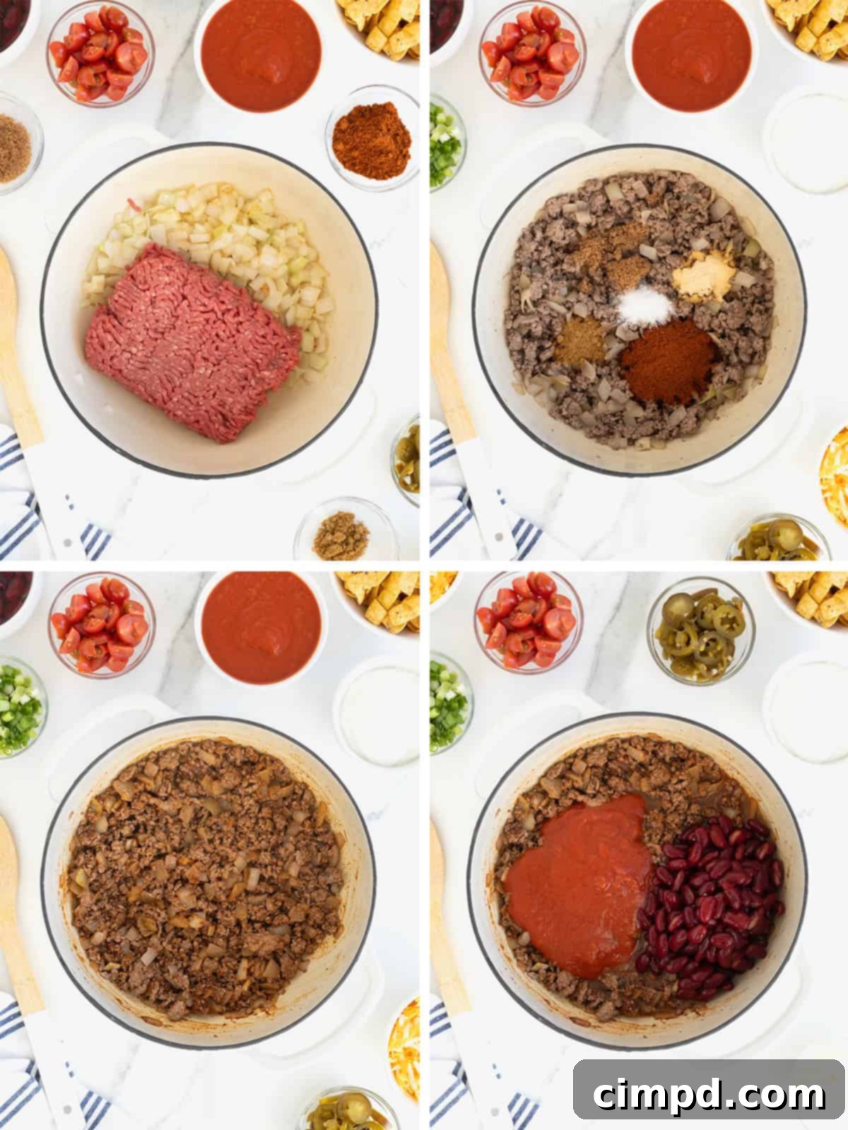 Loaded Frito Chili Bake 6 Sequential photos showing the steps to make chili for Frito Chili Pie Casserole, from browning beef to simmering.