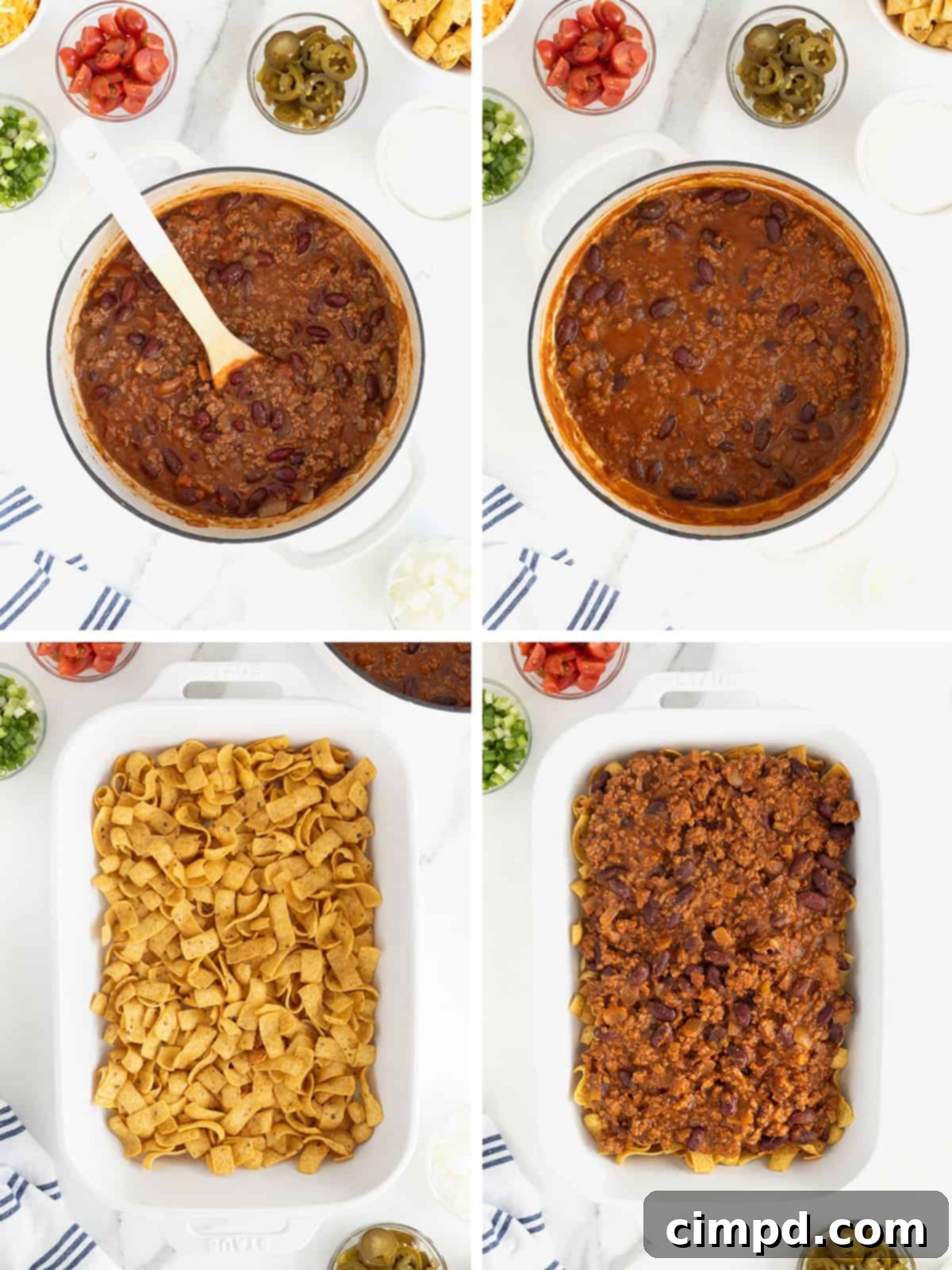 Loaded Frito Chili Bake 7 Sequential photos illustrating the assembly steps of Frito Chili Pie Casserole, including layering Fritos, chili, and cheese.