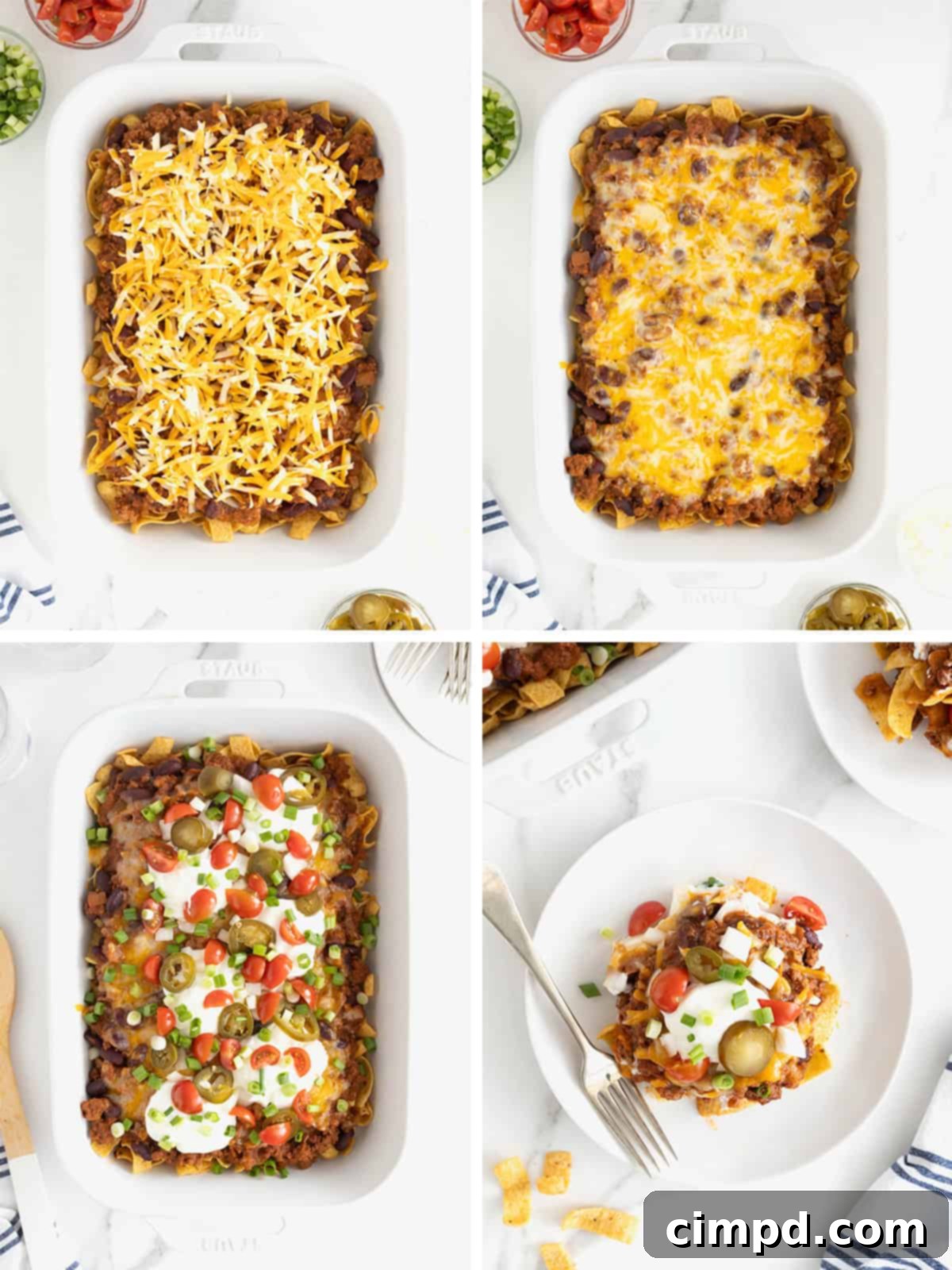 Loaded Frito Chili Bake 8 The final stages of making Frito Chili Pie Casserole, with melted cheese and fresh toppings added.