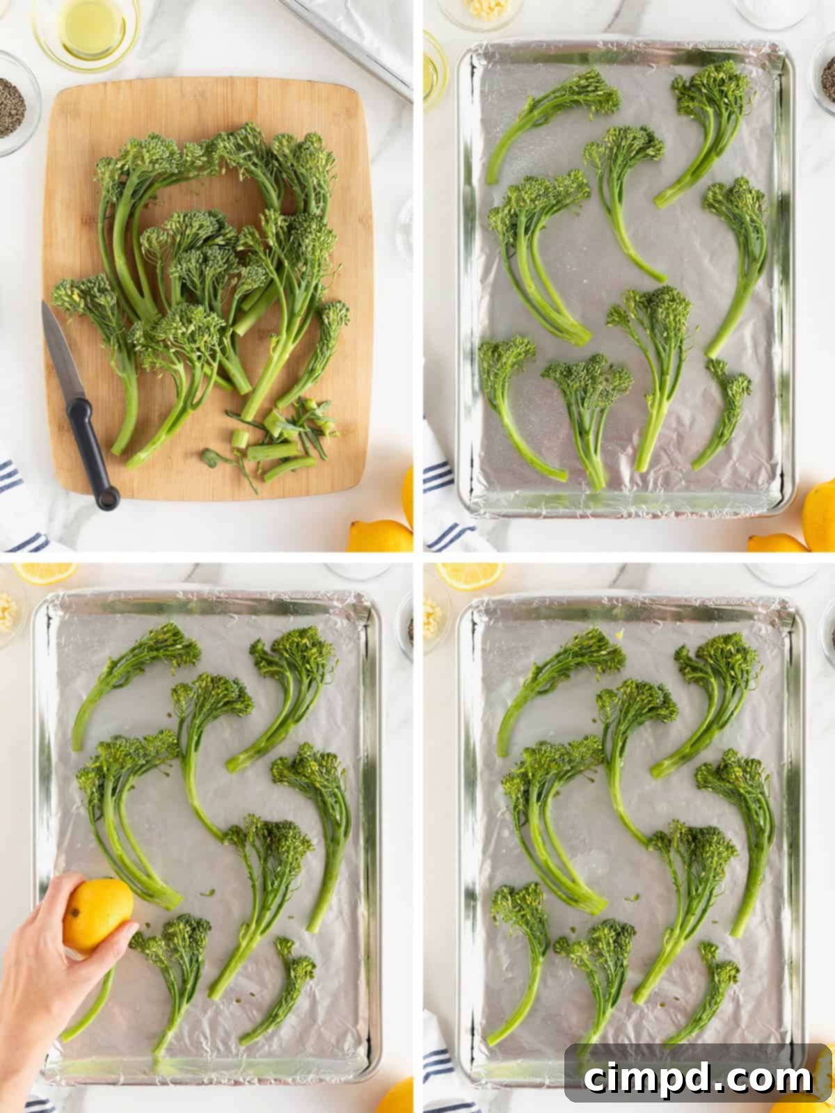 A visual guide showing the initial steps to make roasted broccolini, including trimming, oiling, and adding lemon juice on a baking sheet.