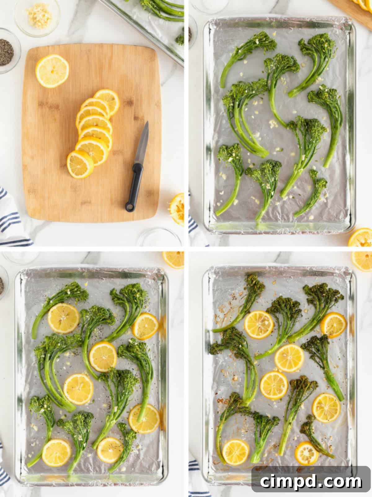 A visual guide showing the later steps to make roasted broccolini, including adding garlic, spreading on a baking sheet, seasoning, and roasting until charred.