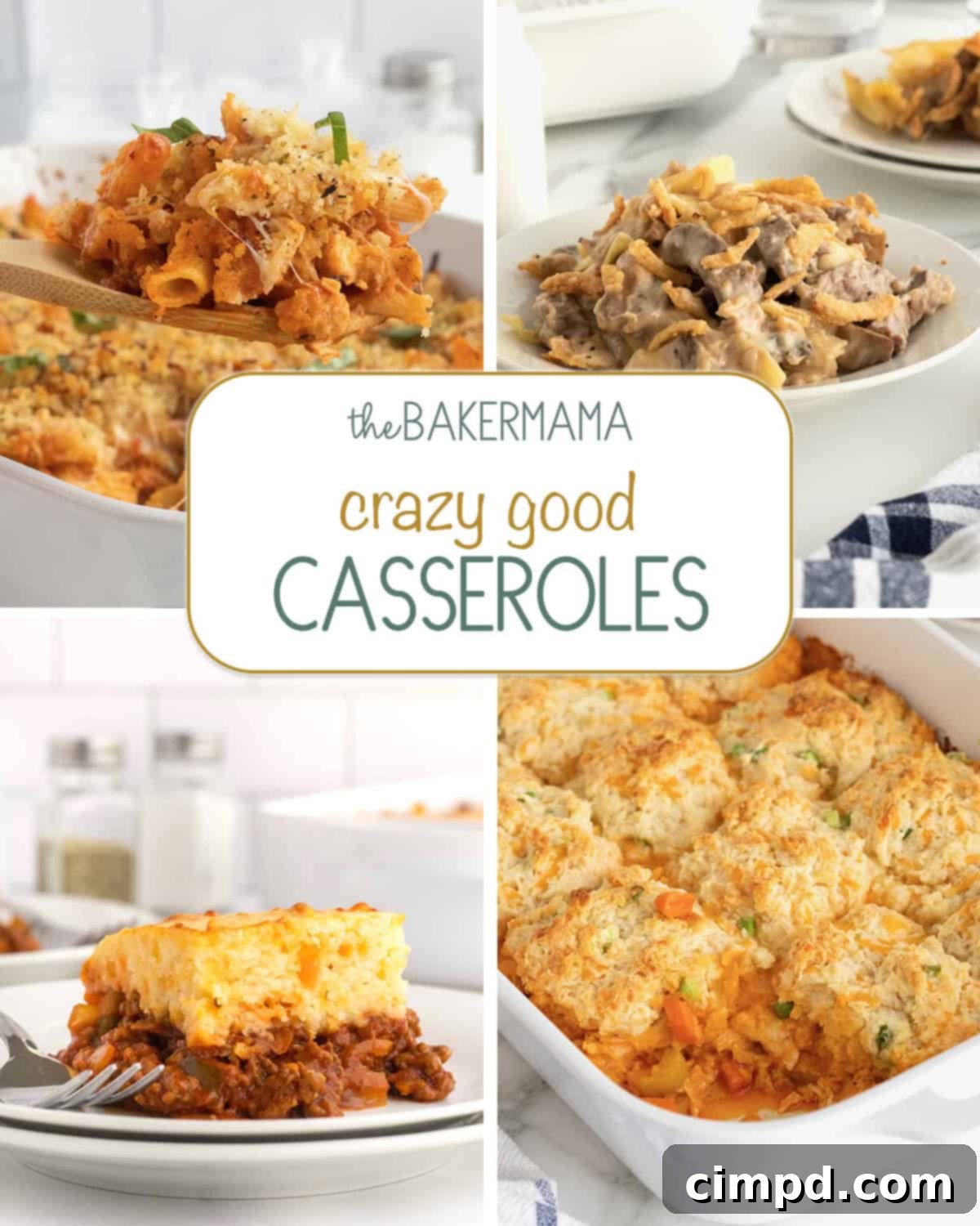 Exceptional One Pan Wonders 2 A collage featuring various delectable casserole dishes: Chicken Parmesan Casserole, Beef Stroganoff Casserole, Sloppy Joe Casserole, and Buffalo Chicken Biscuit Bake, showcasing diverse and appealing options for family dinners.
