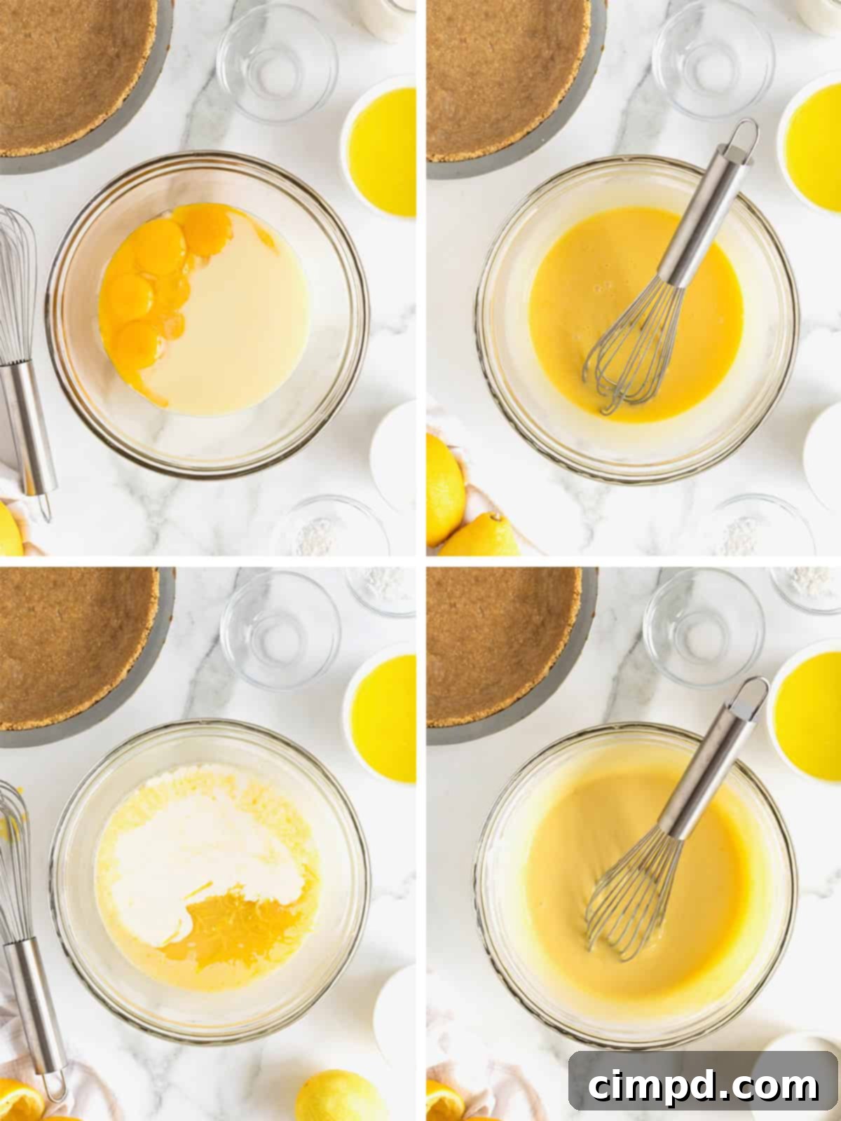 Zesty Meringue Dream 7 A visual step-by-step guide illustrating the initial stages of making Lemon Meringue Pie, from preparing the crust to mixing the creamy lemon custard filling.