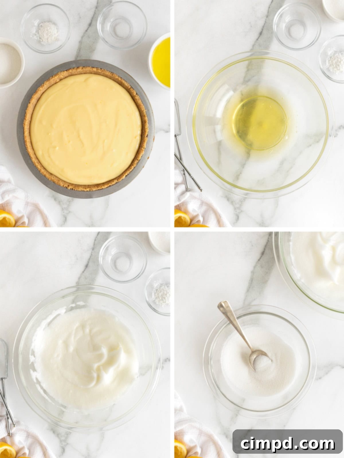 Zesty Meringue Dream 8 A visual sequence detailing the next steps in creating Lemon Meringue Pie, specifically focusing on beating egg whites for the meringue and preparing the sugar mixture.