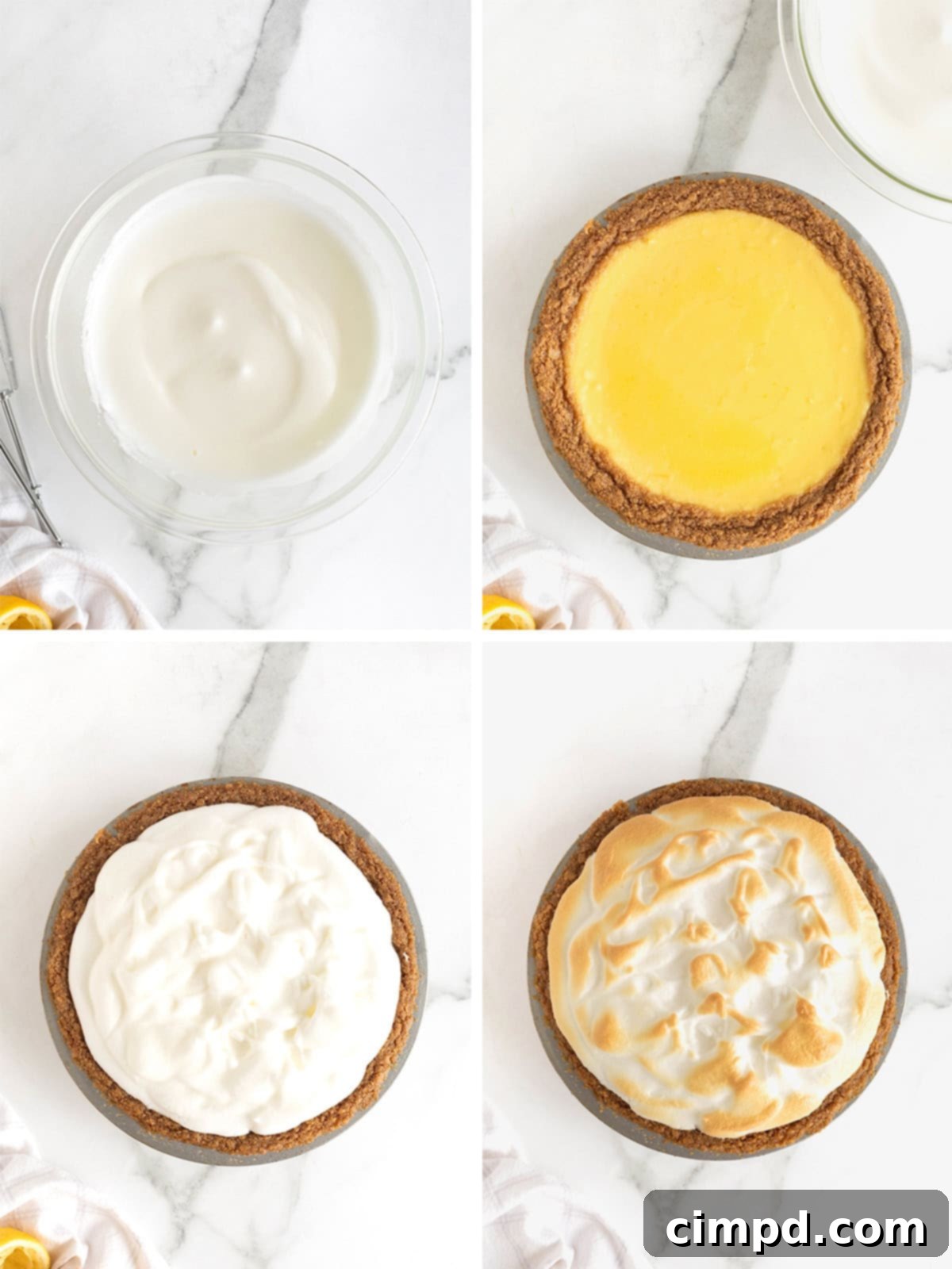Zesty Meringue Dream 9 A visual guide depicting the final stages of baking Lemon Meringue Pie, including topping with meringue, baking until golden, and the crucial cooling process.
