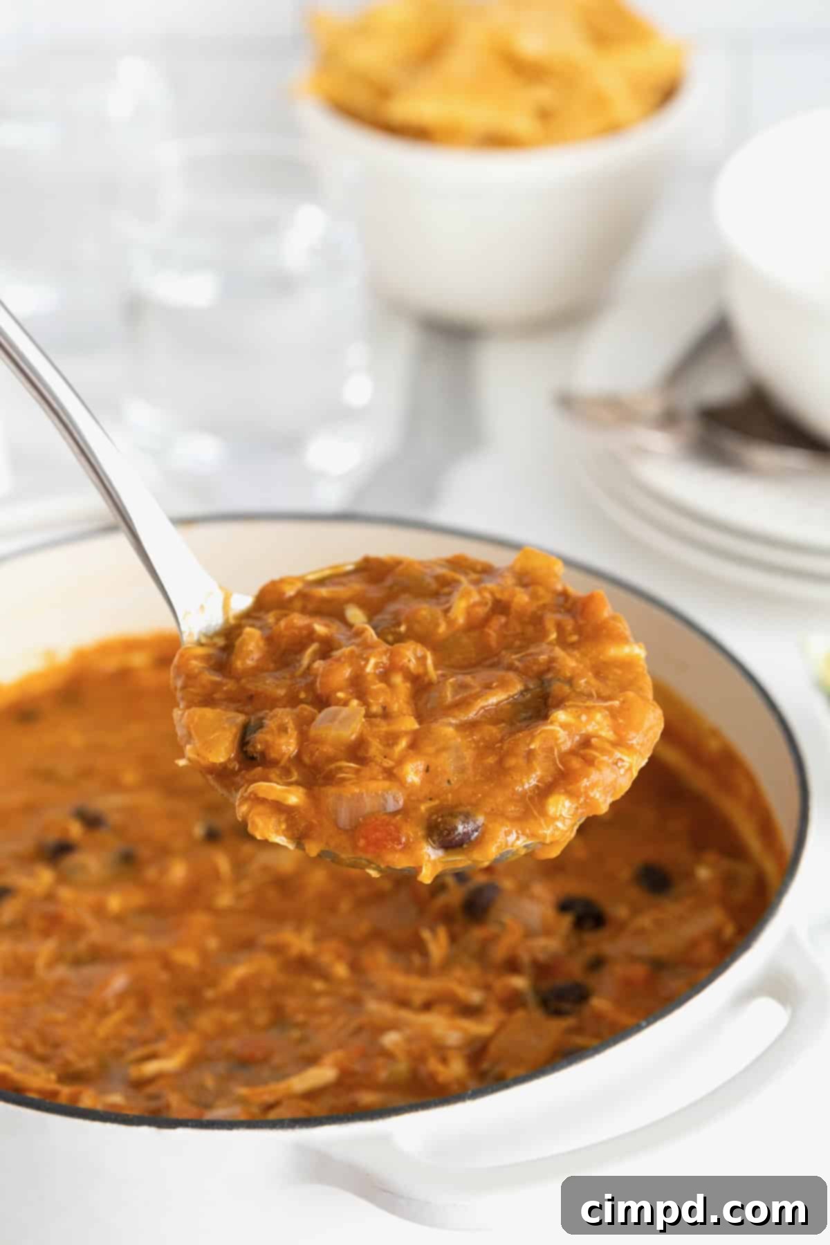 Harvest Pumpkin Chicken Chili 11 A ladle full of chicken pumpkin chili being spooned out of a large white Dutch oven.