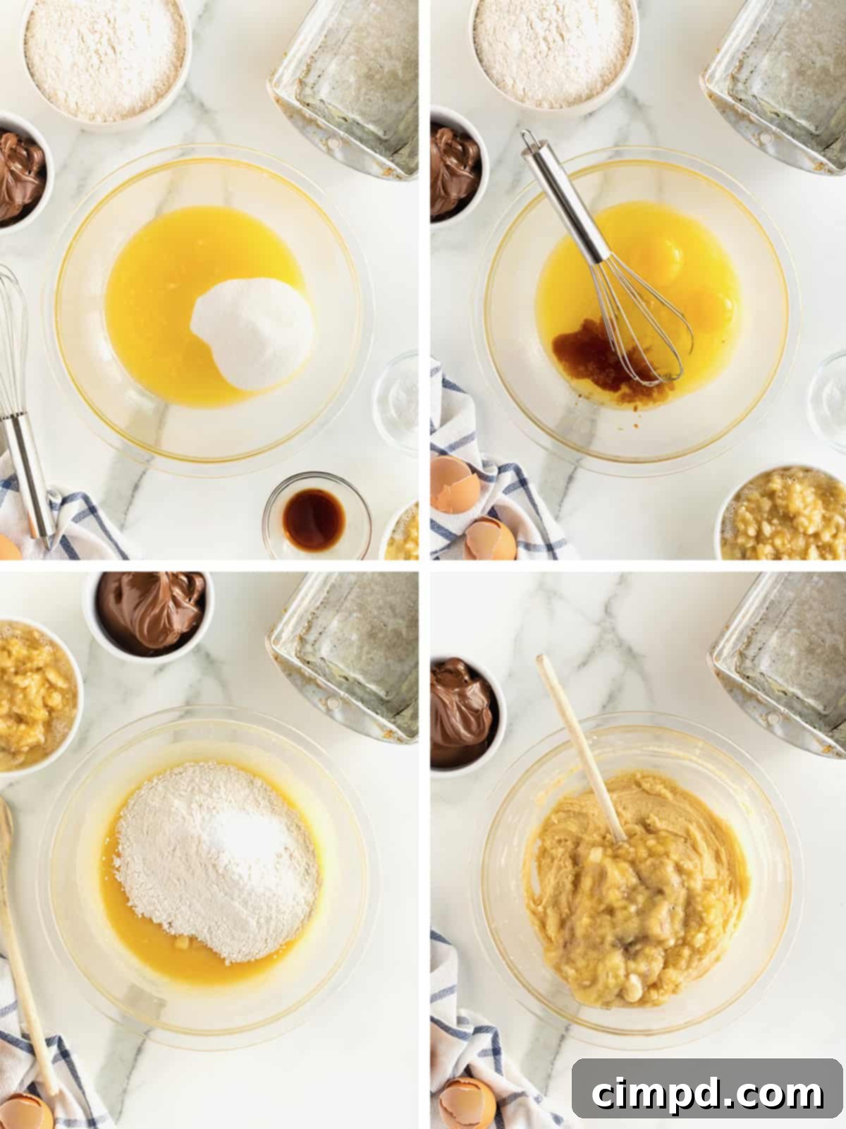 A step-by-step visual guide showing the initial stages of preparing Nutella swirled banana bread, from mixing ingredients to preparing the pan.