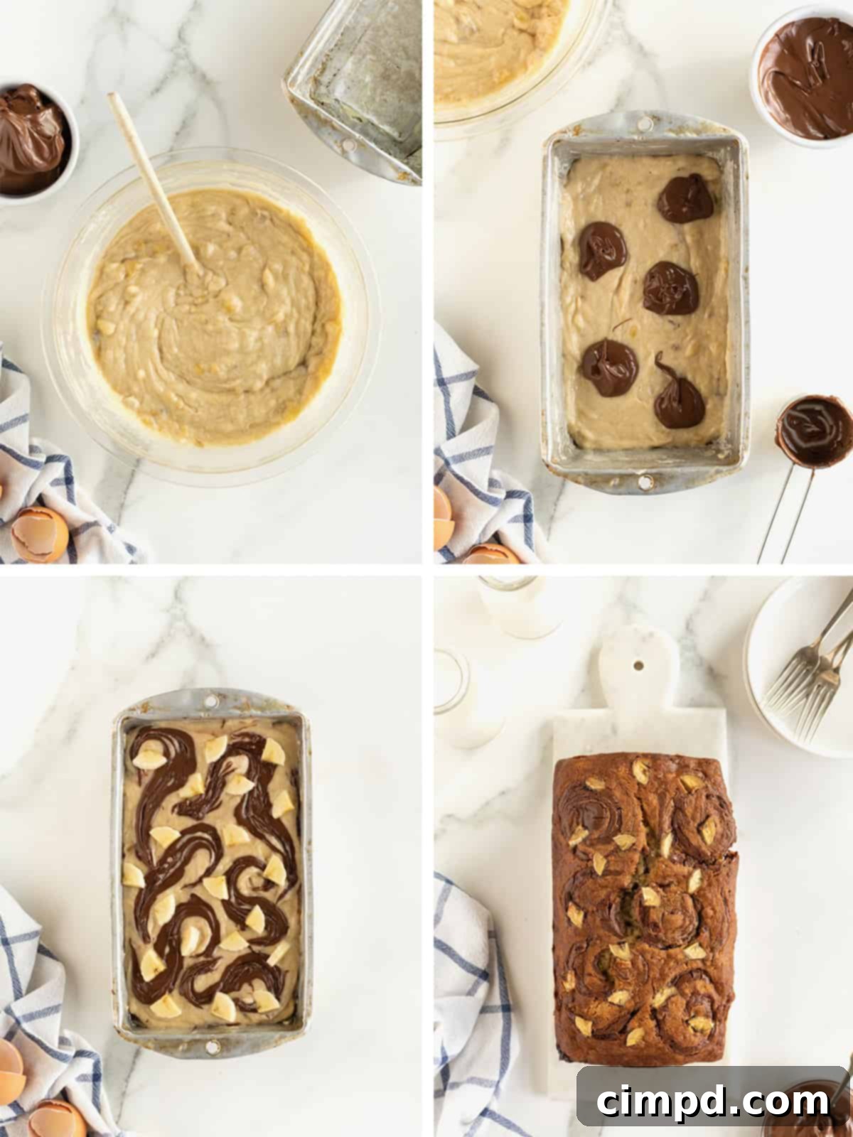 A visual sequence detailing the Nutella swirling technique and the final stages of preparing the banana bread for baking.