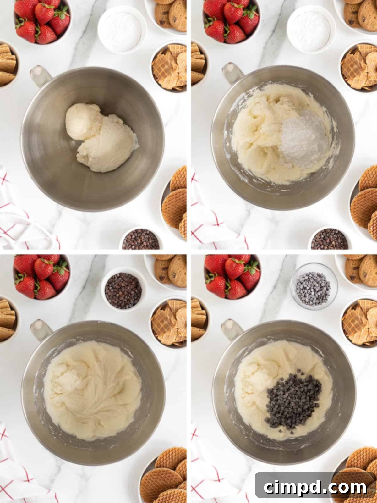Steps to make chocolate chip cannoli dip.