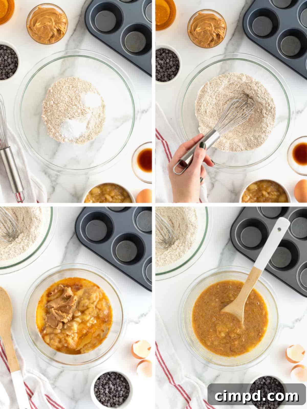 Step-by-step visual guide showcasing the initial mixing of wet ingredients for Whole Wheat Peanut Butter Banana Chocolate Chip Muffins, highlighting the creamy blend of peanut butter, honey, egg, vanilla, and mashed bananas.